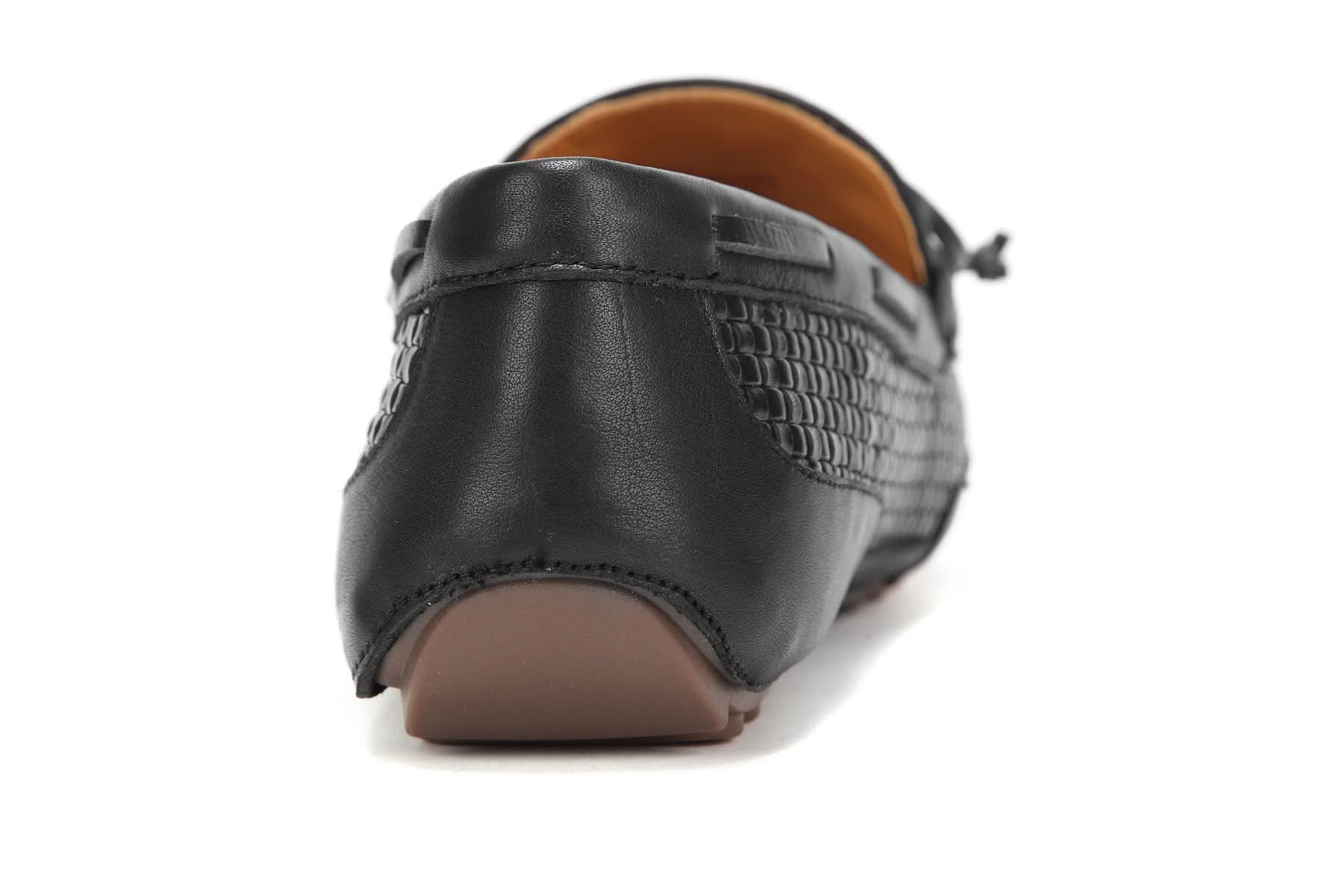 Black leather driving moccasin with sheepskin lining, rear view. - Yellow Earth Australia