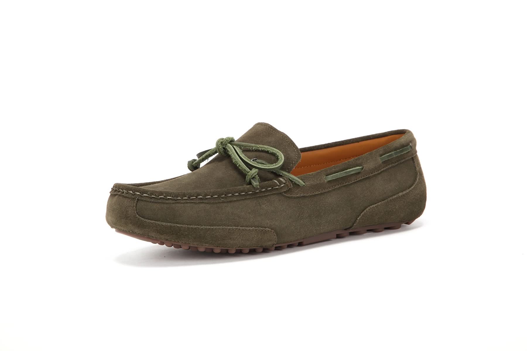 Olive suede moccasin loafer with rope bow detail, side view. - Yellow Earth Australia