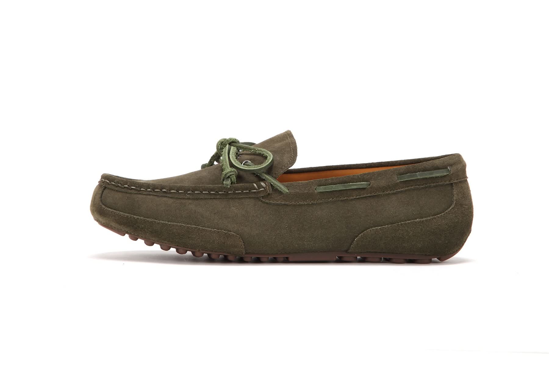 Olive suede driving moccasin with green lace detail, side view. - Yellow Earth Australia