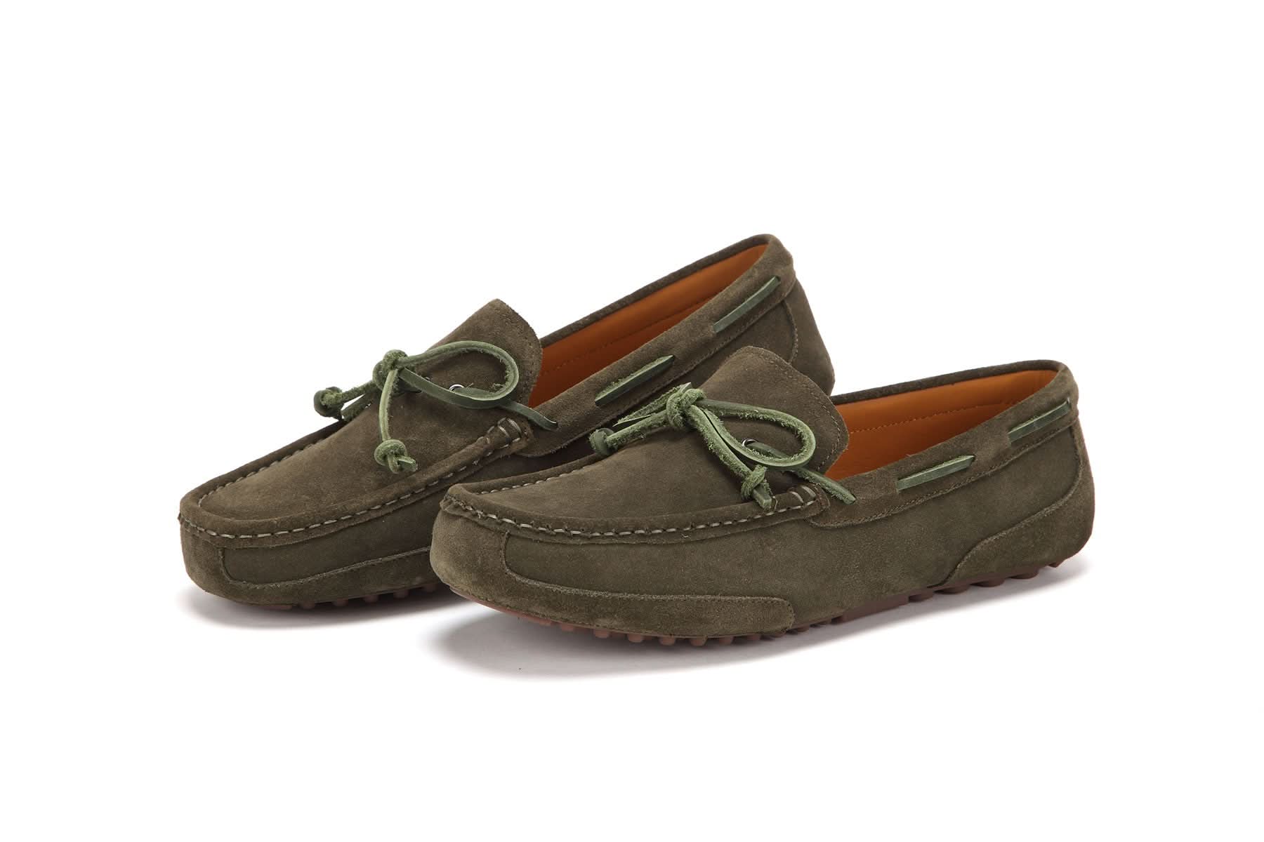 Olive suede moccasin loafers with bow detail, shown from side angle. - Yellow Earth Australia