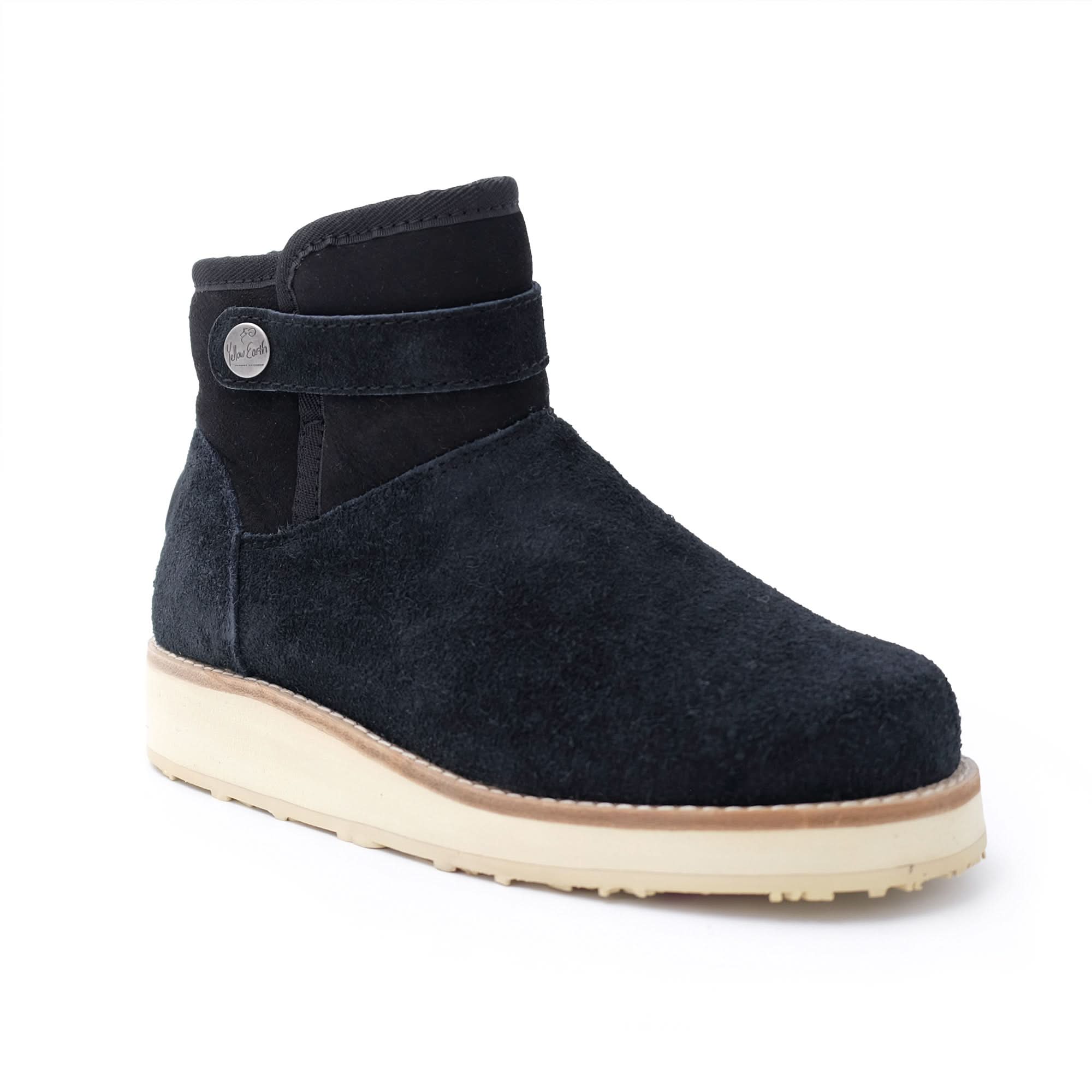 Black sheepskin wool ankle boot with cream sole, side view. - Yellow Earth Australia