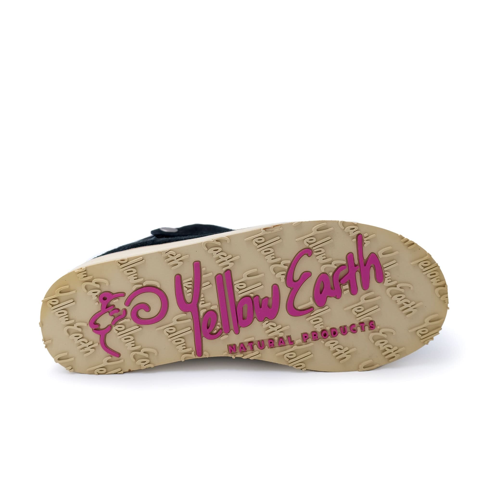 Navy blue sheepskin boot sole view showing beige crepe rubber outsole with pink branding. - Yellow Earth Australia