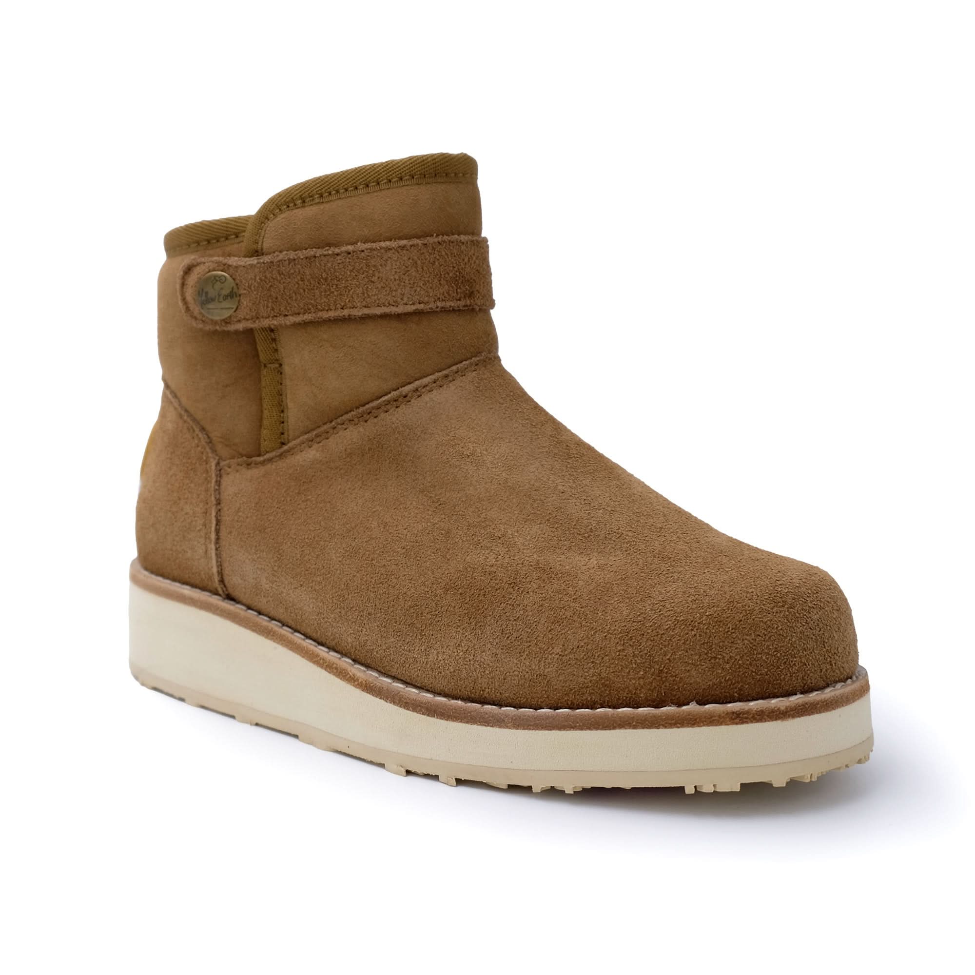 Tan suede sheepskin ankle boot with cream sole, shown from side angle. - Yellow Earth Australia