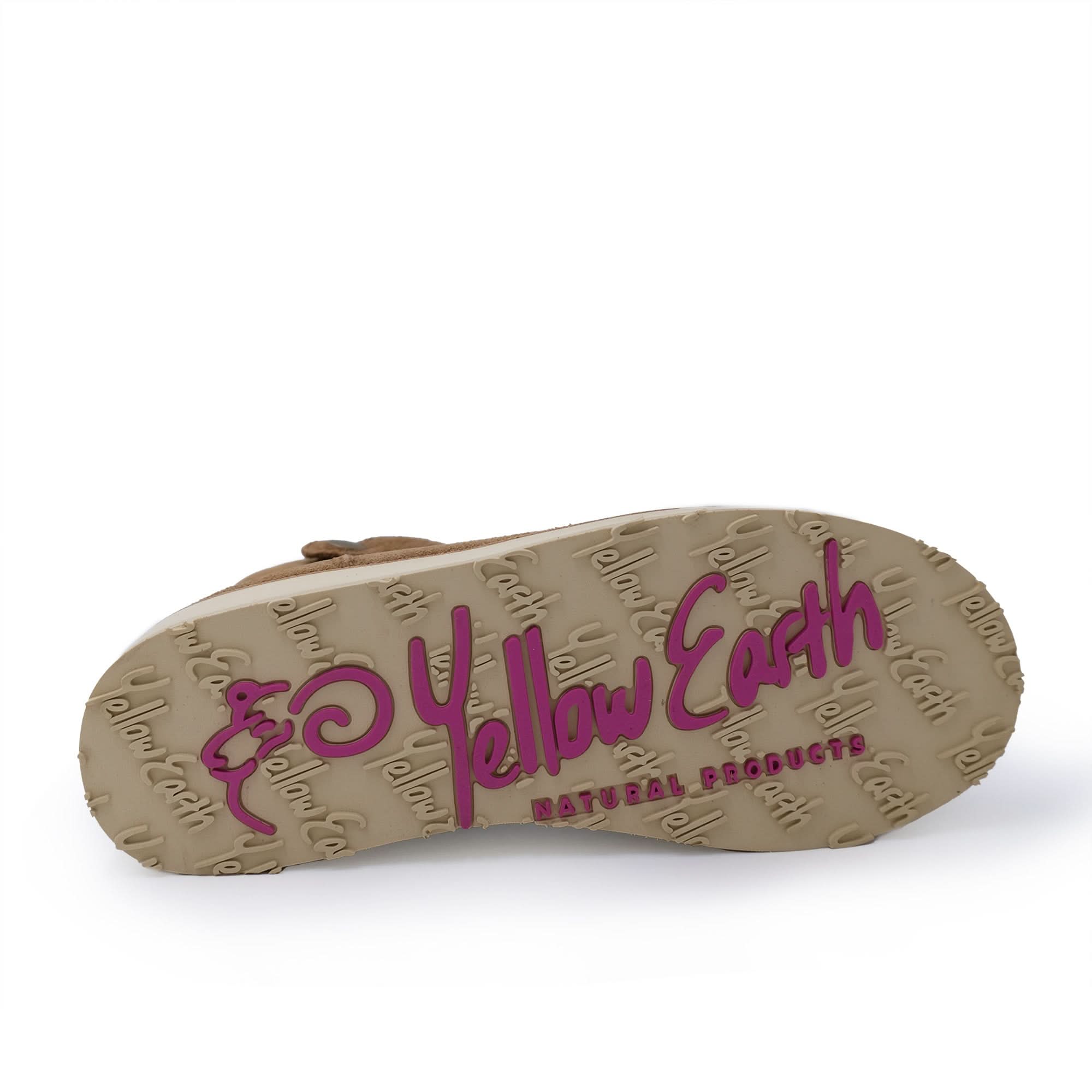 Tan sheepskin boot sole with purple branding text, viewed from underneath. - Yellow Earth Australia