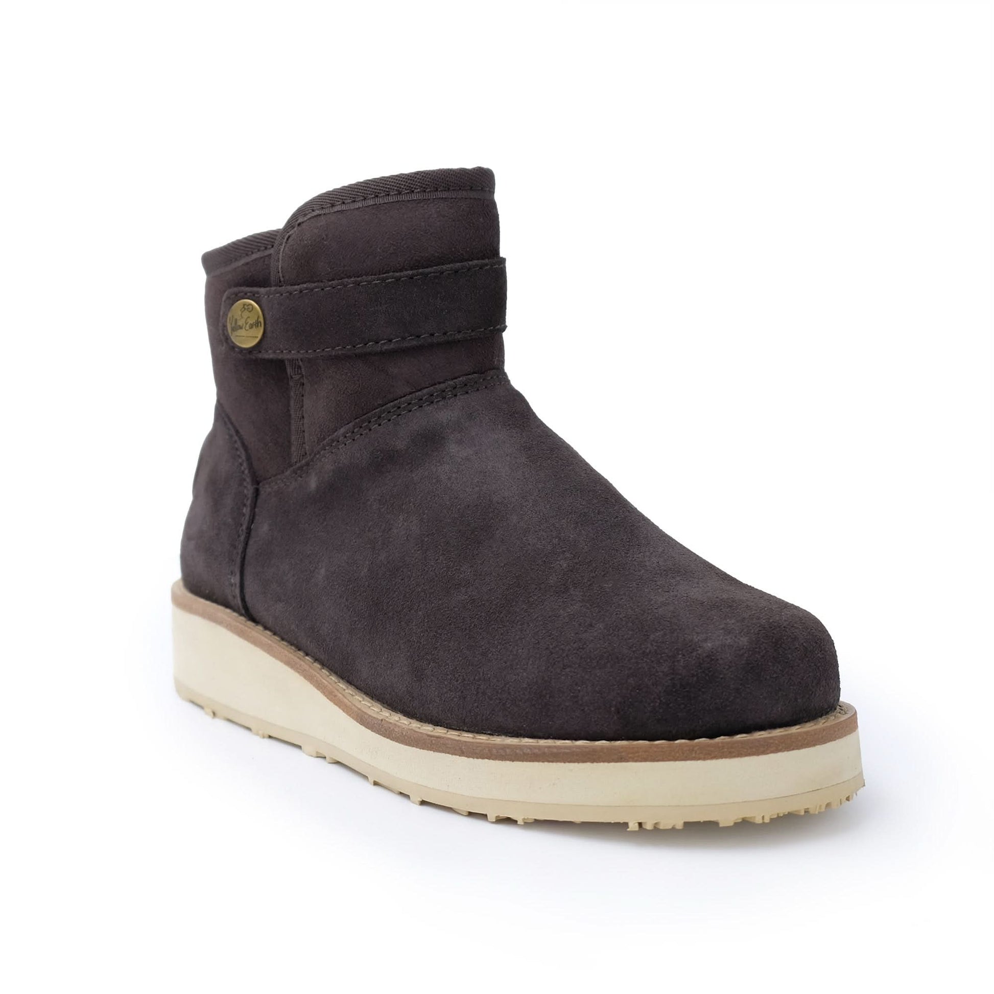 Black suede sheepskin ankle boot with cream platform sole, side view. - Yellow Earth Australia