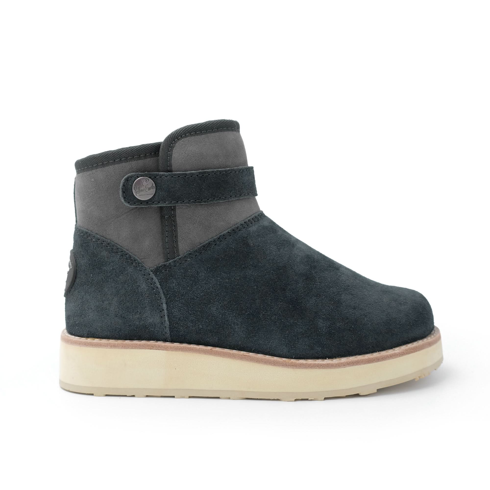 Charcoal suede ankle boot with cream platform sole, side view. - Yellow Earth Australia
