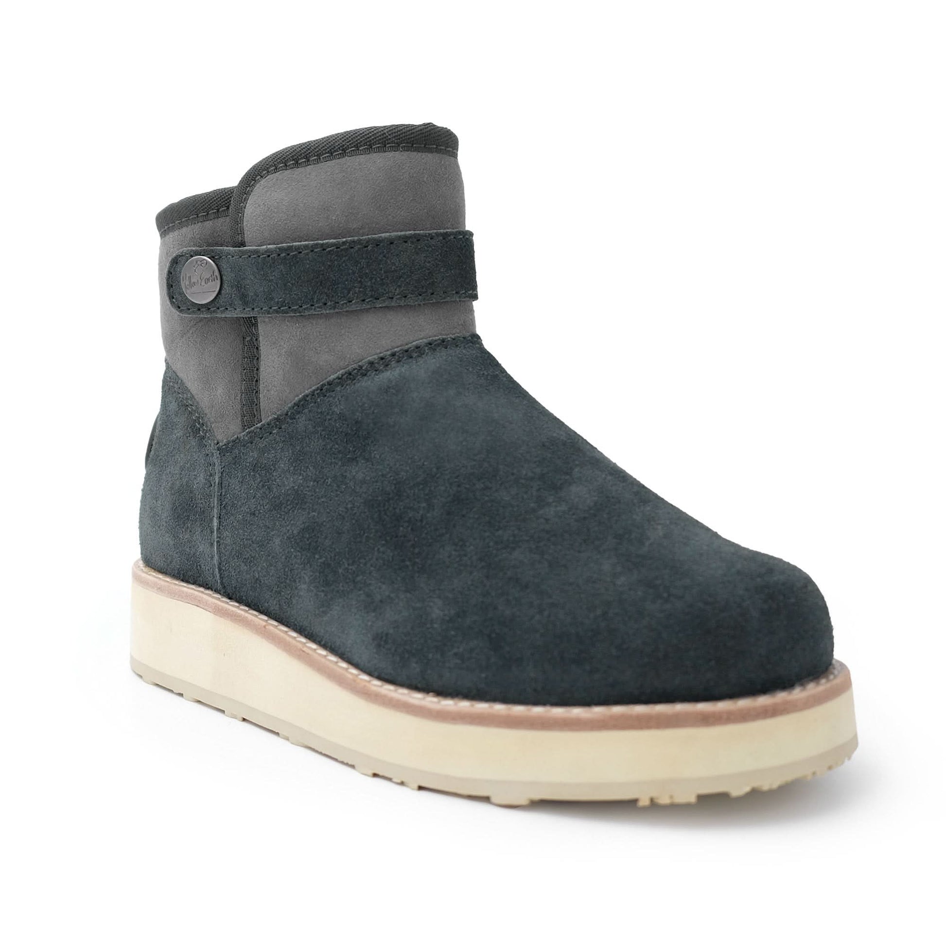 Grey suede sheepskin ankle boot with cream platform sole, side view. - Yellow Earth Australia