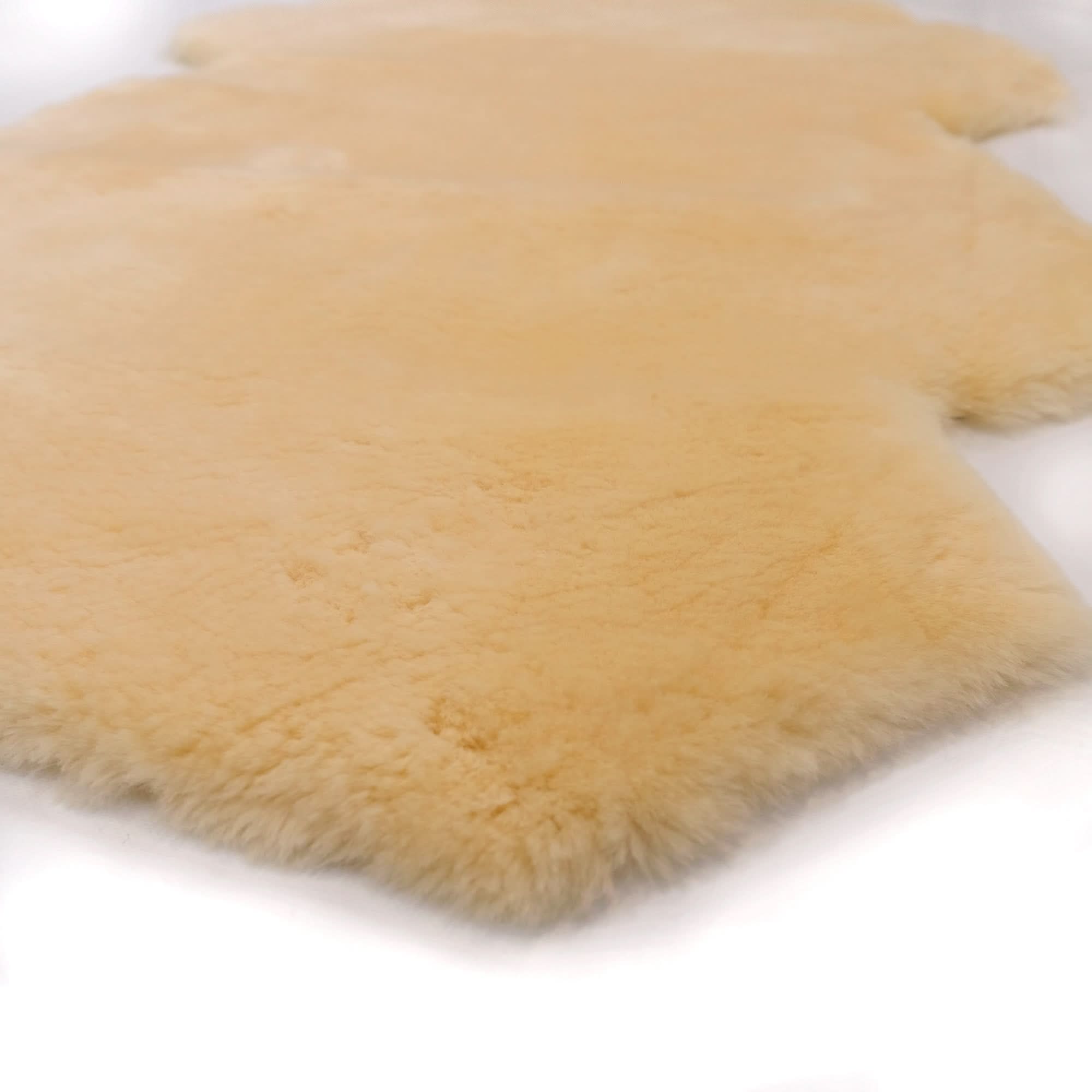 Cream sheepskin rug with soft wool pile viewed from above on white background. - Yellow Earth Australia
