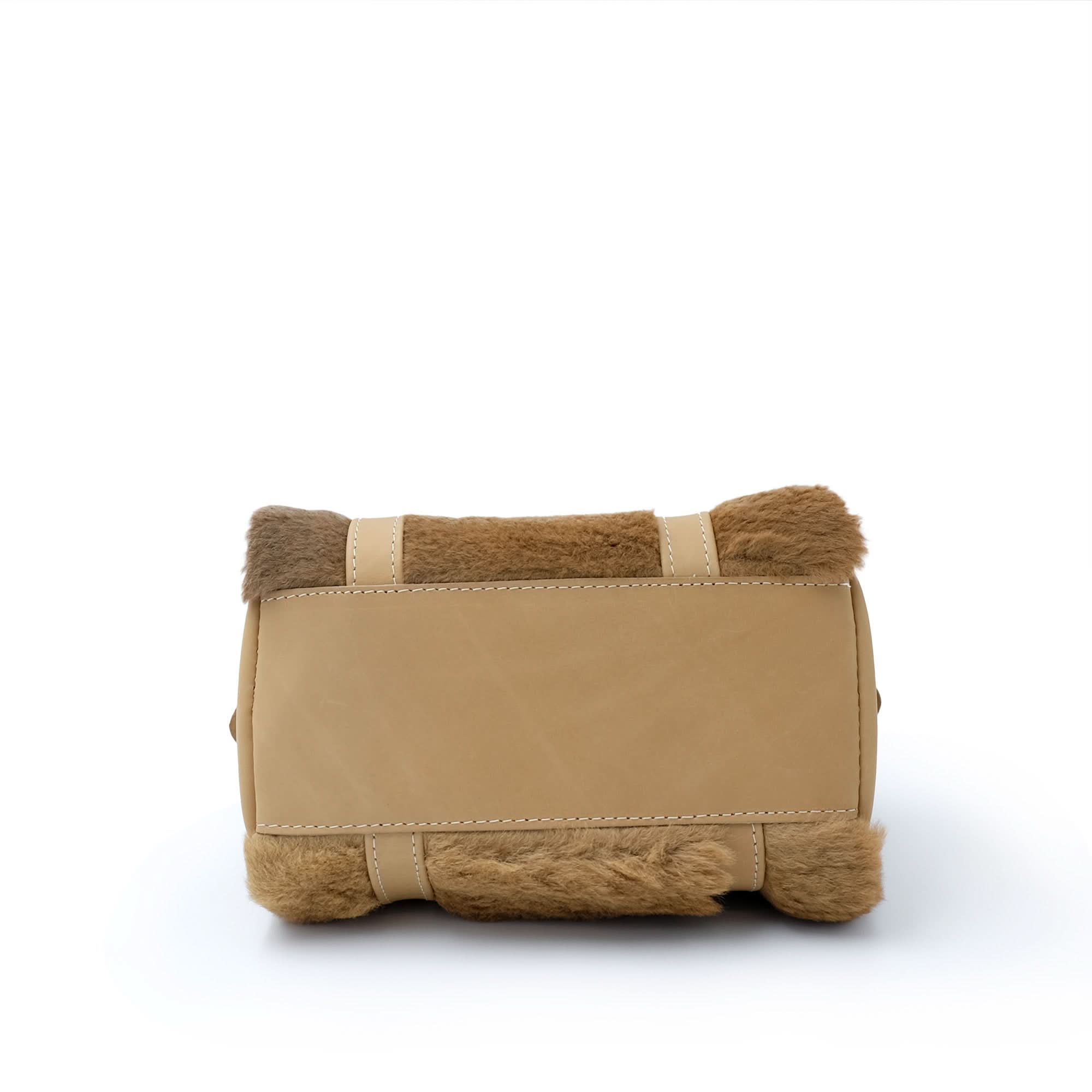 Beige sheepskin clutch bag with fur trim detail, back view. - Yellow Earth Australia