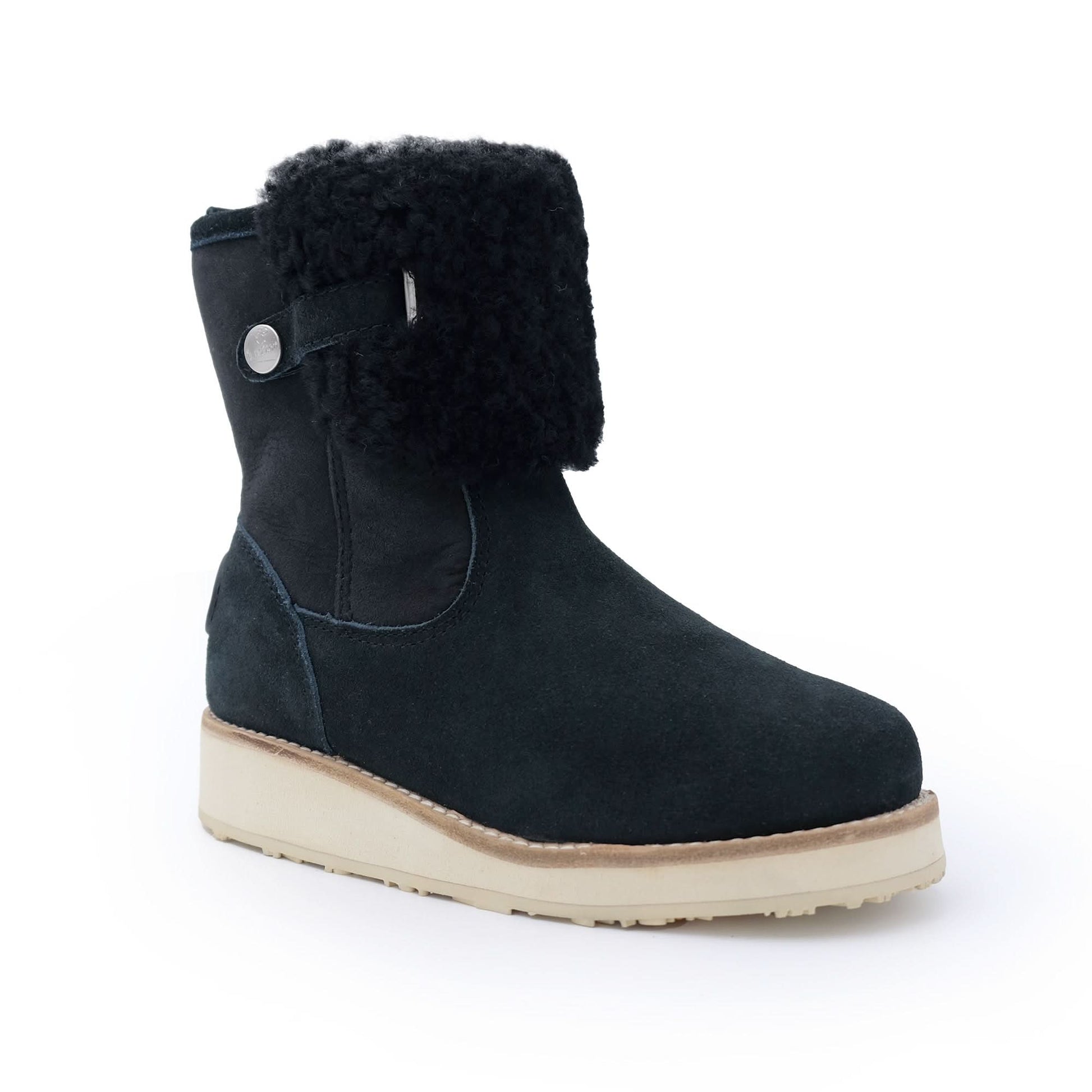 Black suede sheepskin boot with fleece cuff and cream sole, side view. - Yellow Earth Australia
