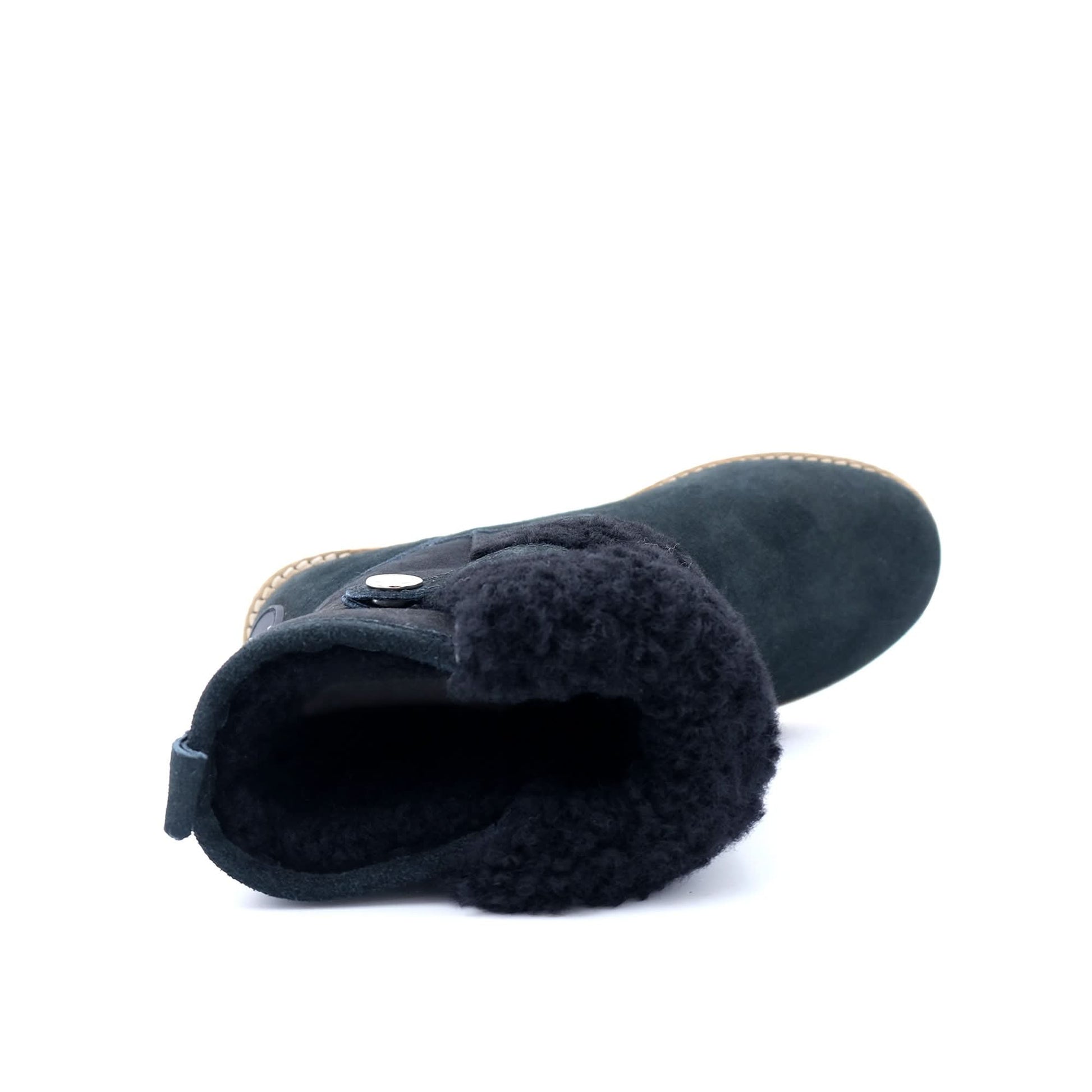 Black sheepskin boot with fleece lining, top-down view showing suede exterior and cozy wool inter... - Yellow Earth Australia