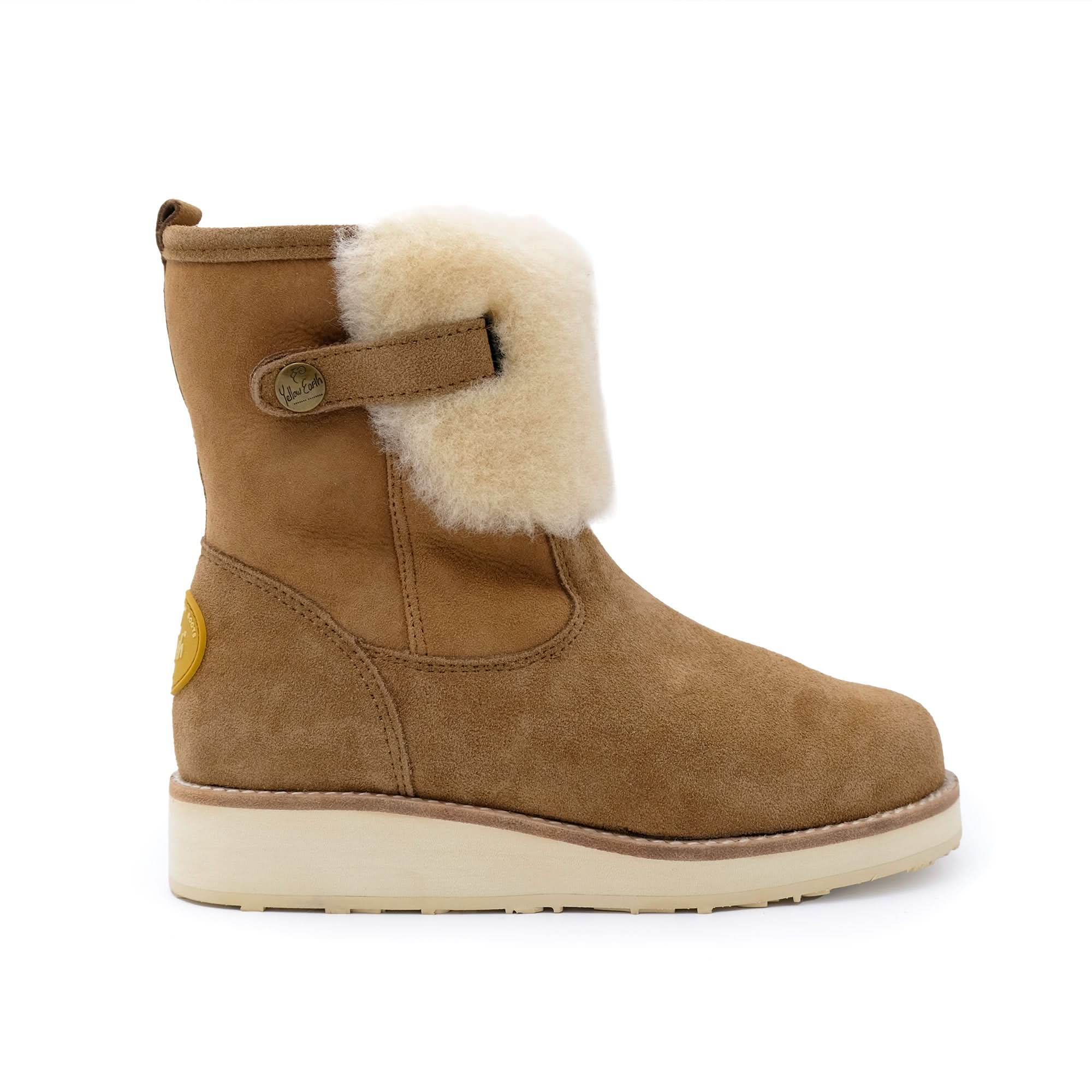 Chestnut suede sheepskin boot with cream wool cuff, side view. - Yellow Earth Australia