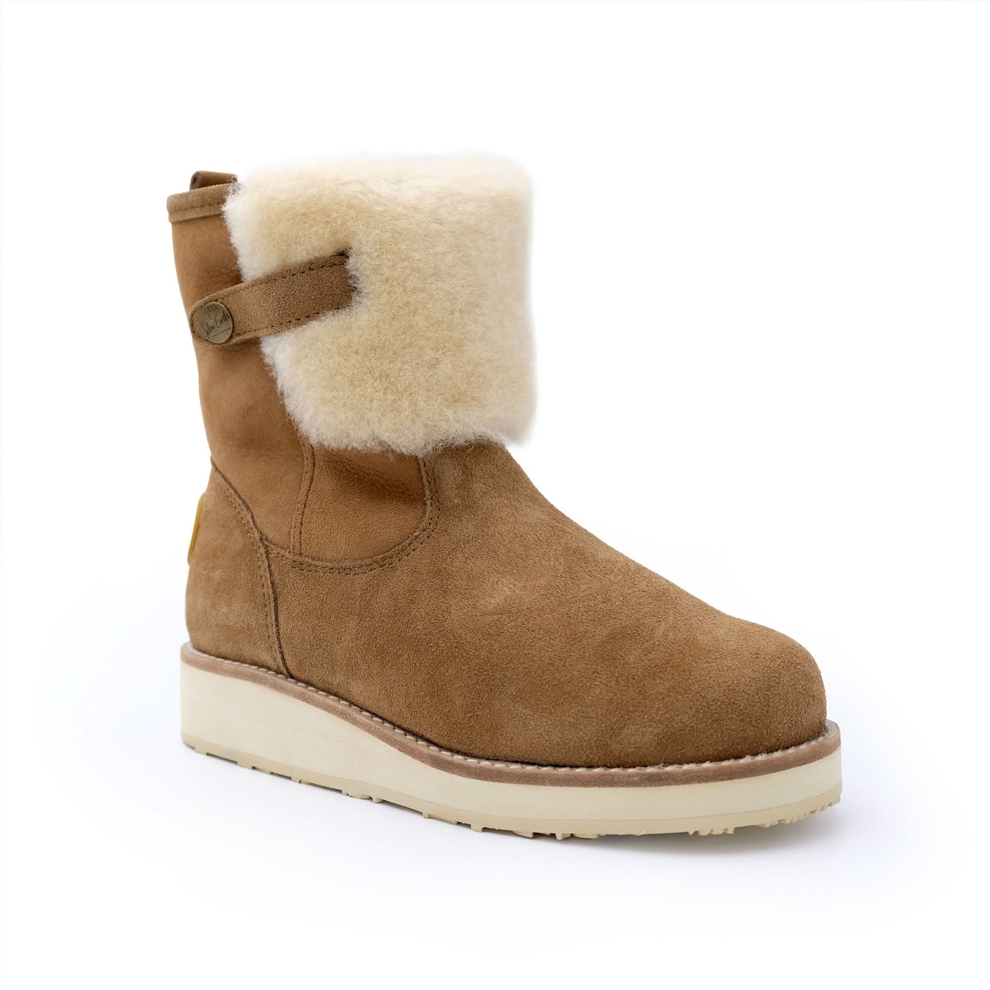 Tan suede sheepskin boot with cream wool lining and crepe sole, side view. - Yellow Earth Australia