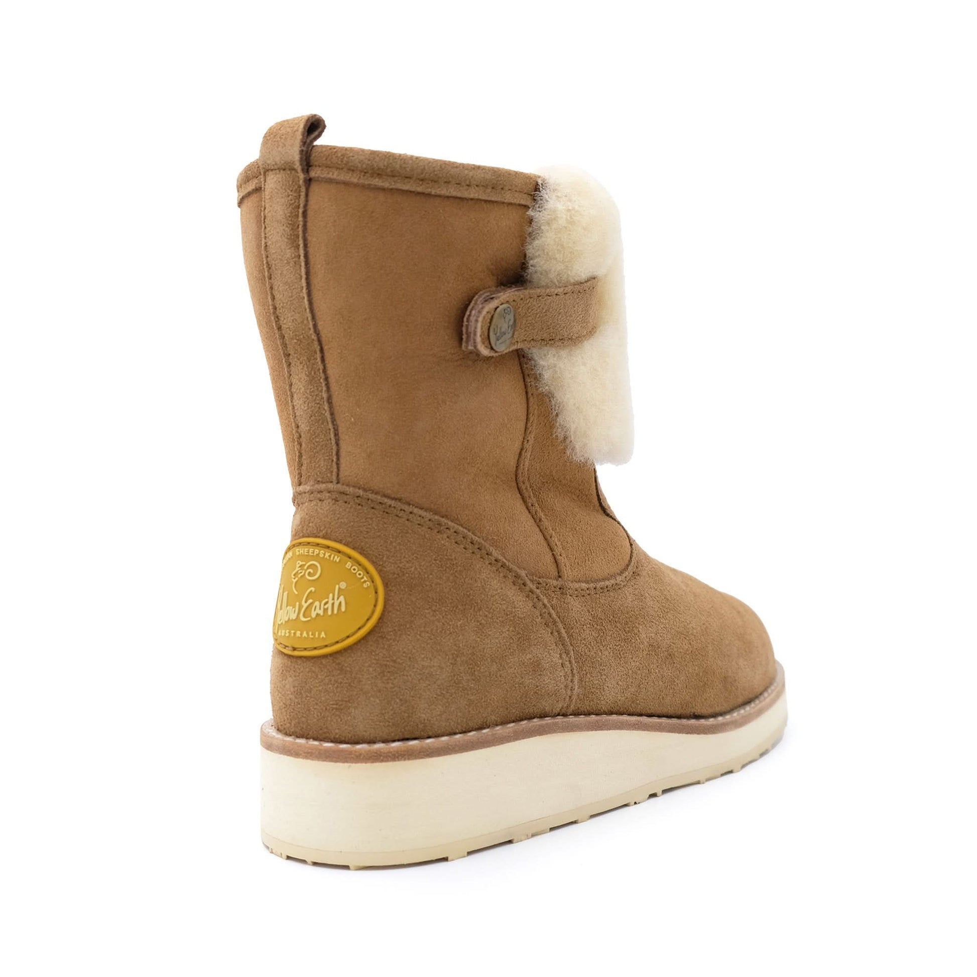 Tan sheepskin boot with cream wool lining, rear three-quarter view. - Yellow Earth Australia