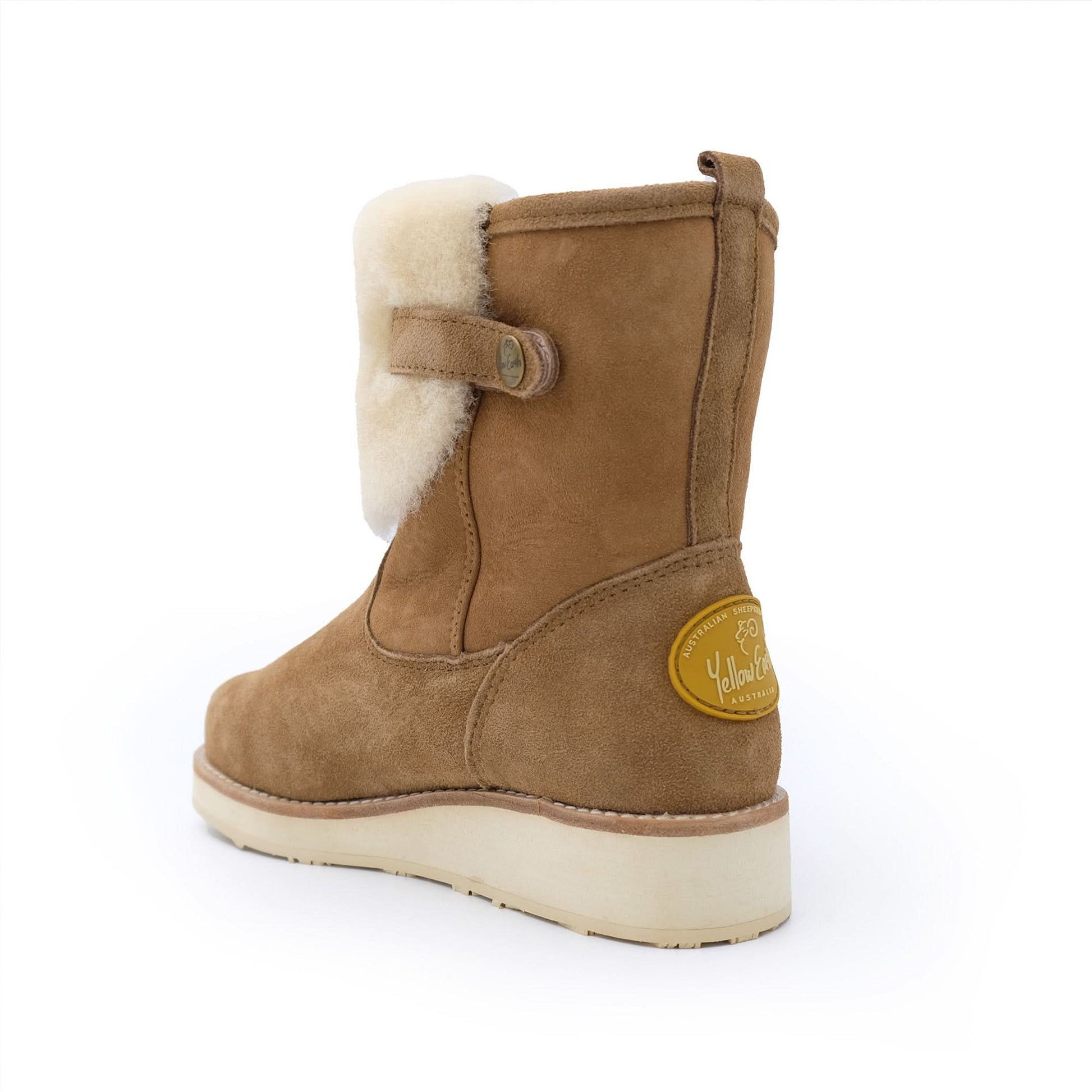 Tan suede sheepskin-lined winter boot with cream wool collar, rear three-quarter view. - Yellow Earth Australia