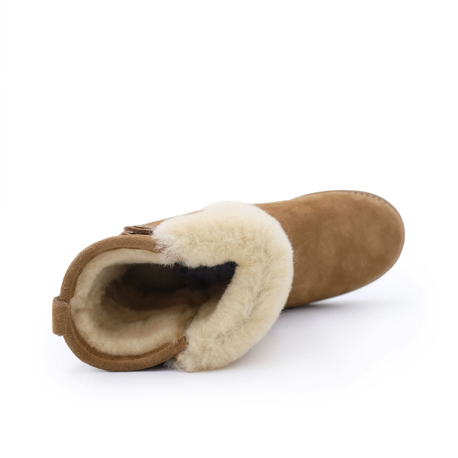 Tan sheepskin boot with cream wool lining, viewed from above at angle. - Yellow Earth Australia