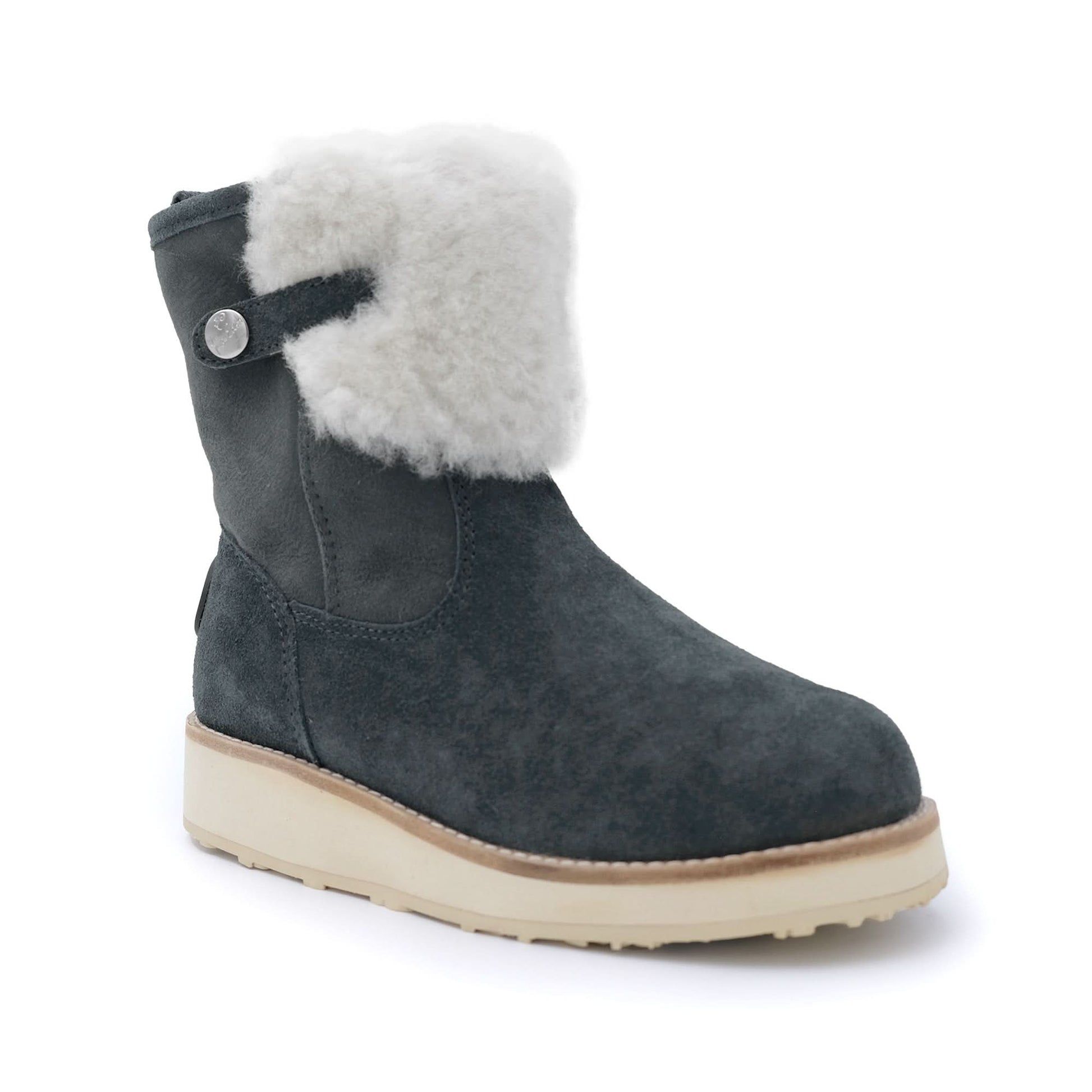 Charcoal suede sheepskin boot with white wool collar, side view. - Yellow Earth Australia