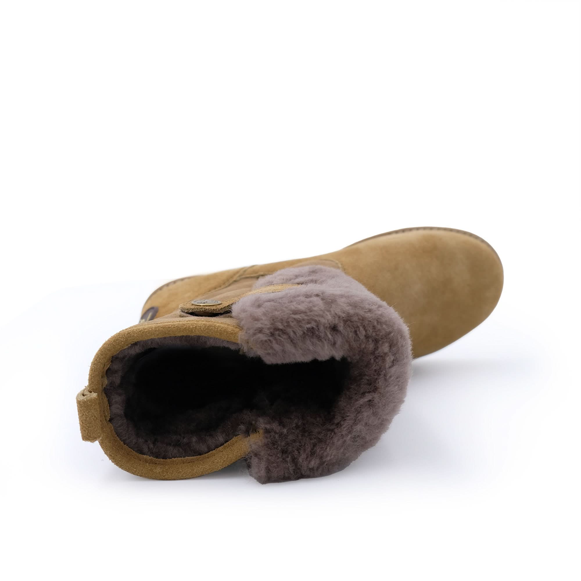 Tan sheepskin boot with brown wool lining, top view, on white background