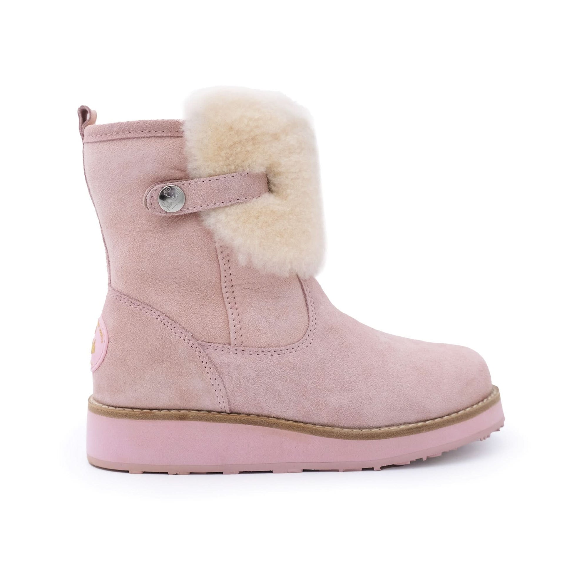 Pink suede sheepskin boot with cream wool collar, side view. - Yellow Earth Australia