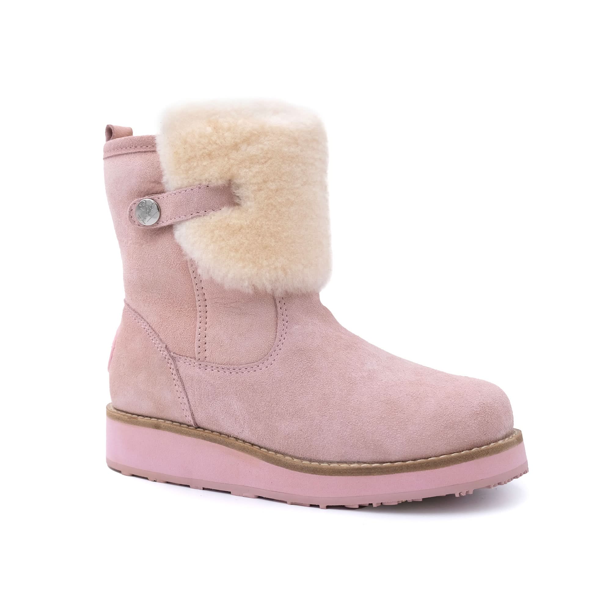 Pink suede sheepskin-lined winter boot with cream wool cuff, side view. - Yellow Earth Australia