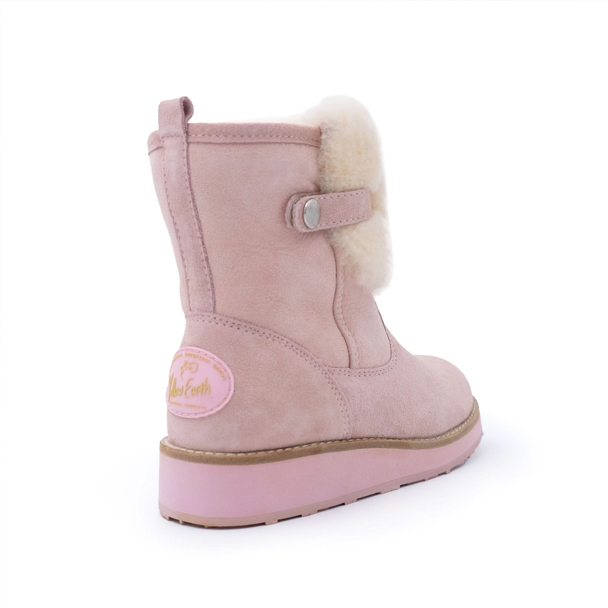 Pink suede sheepskin girls boot with cream wool cuff, rear view. - Yellow Earth Australia
