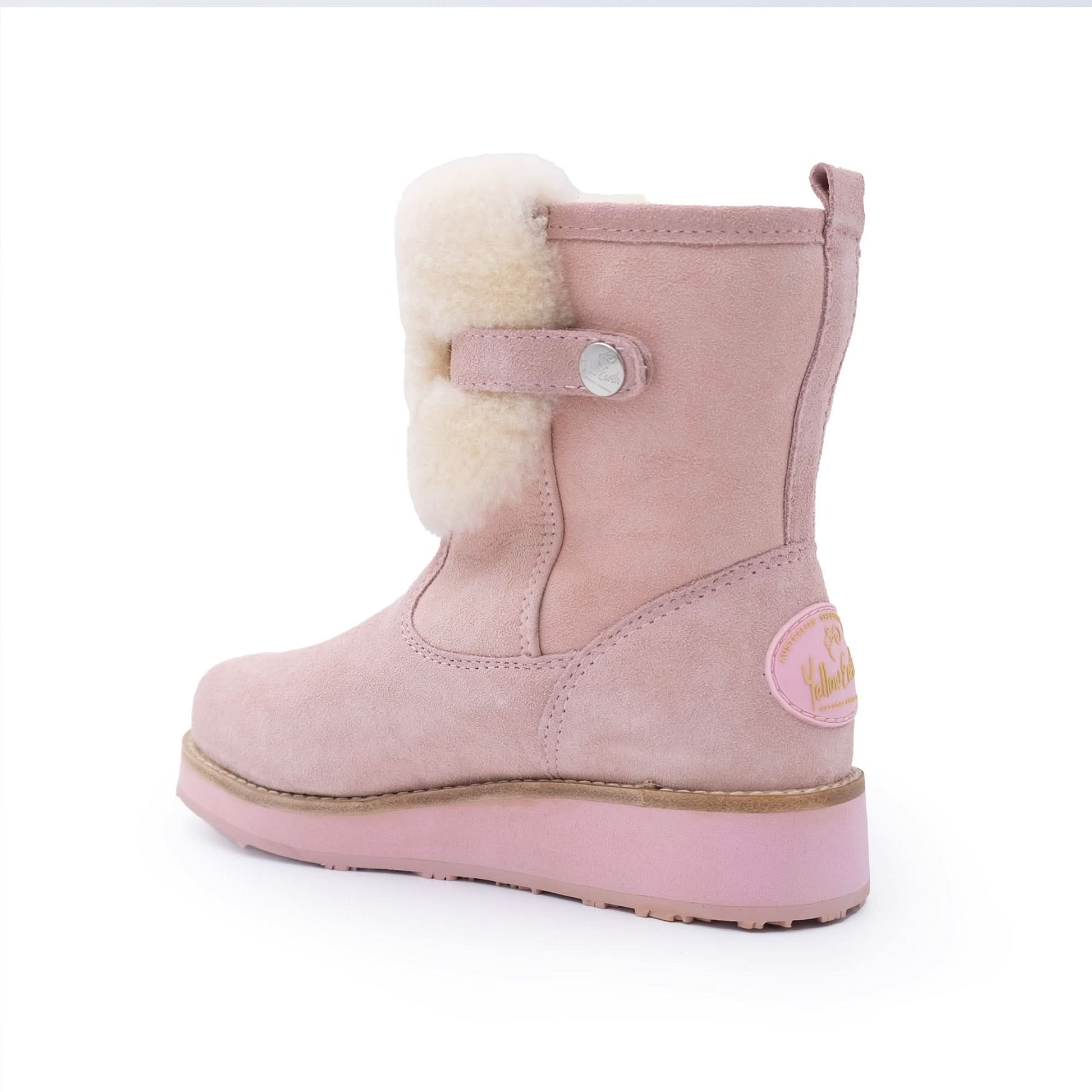 Pink sheepskin boot with cream wool lining, rear three-quarter view. - Yellow Earth Australia