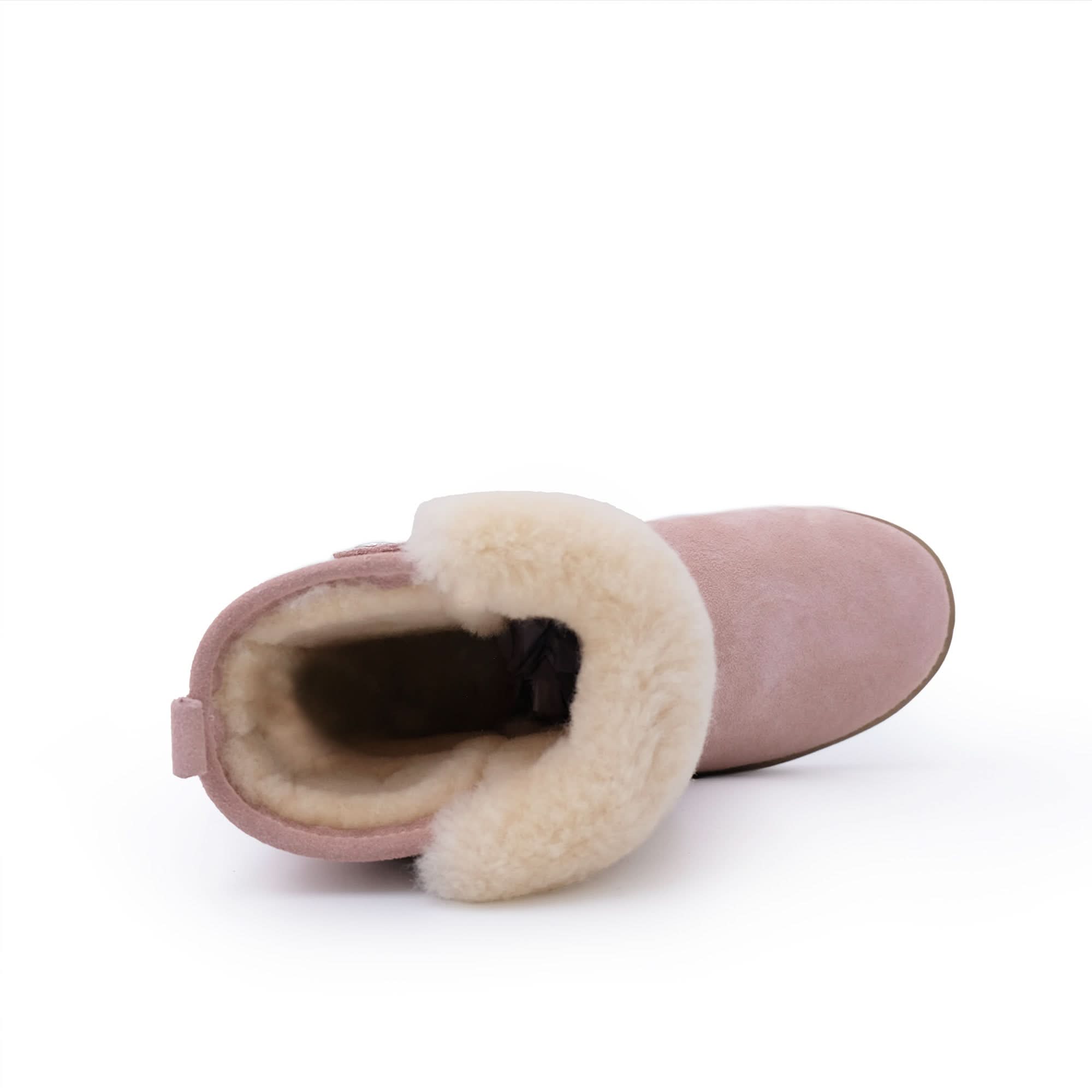 Pink sheepskin boot with cream wool lining, top-down view. - Yellow Earth Australia