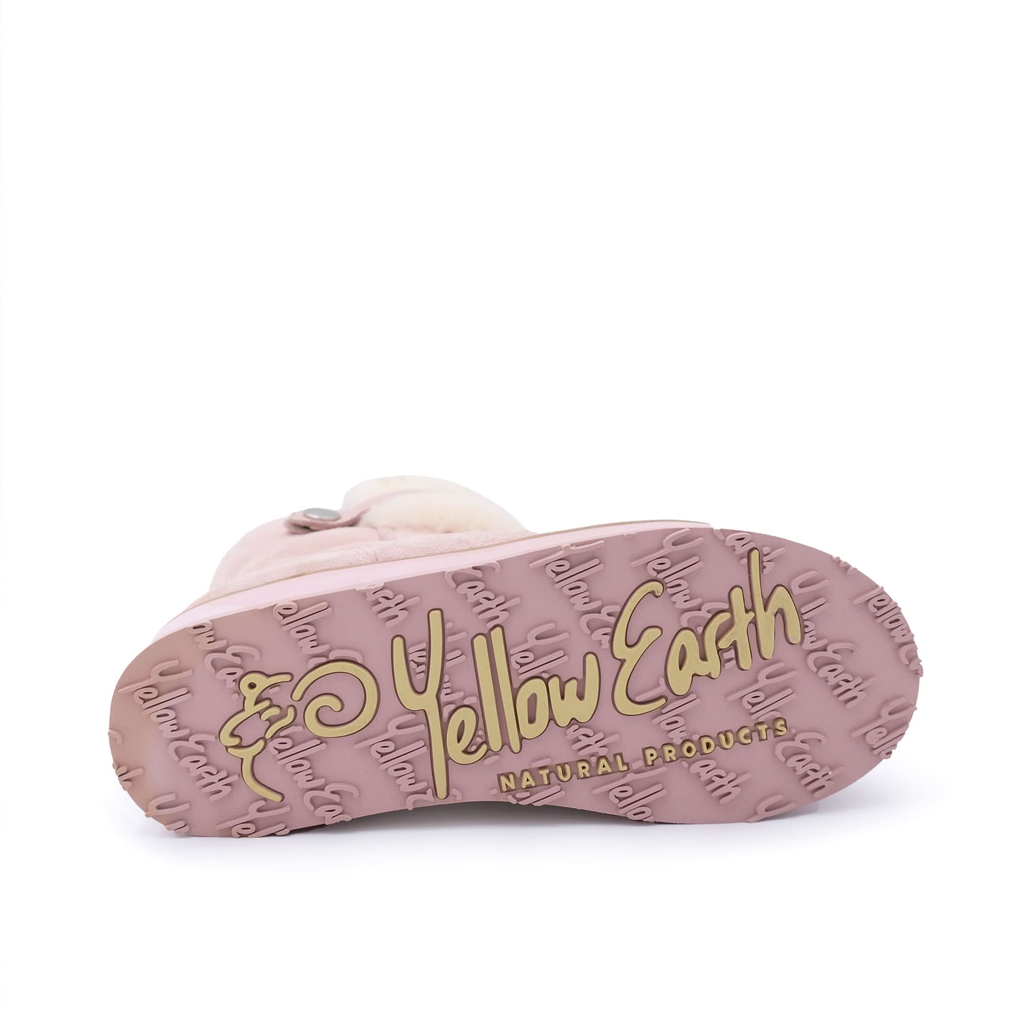 Pink sheepskin baby boot sole view showing natural wool lining and textured rubber grip. - Yellow Earth Australia