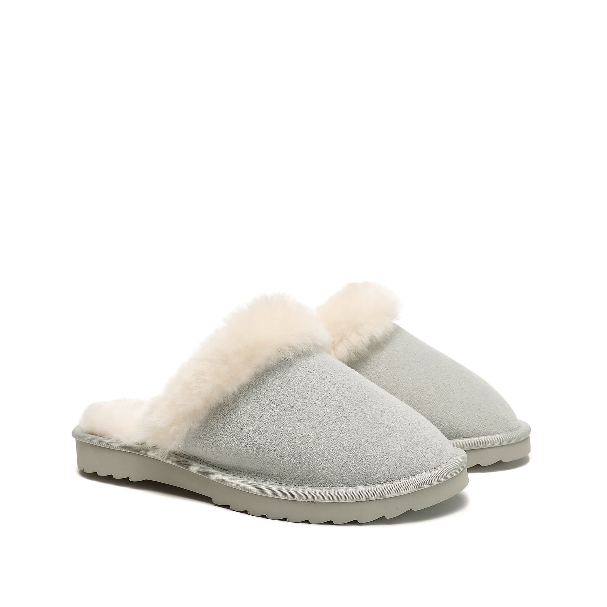 Cream sheepskin slippers with fuzzy wool collar, side view. - Yellow Earth Australia