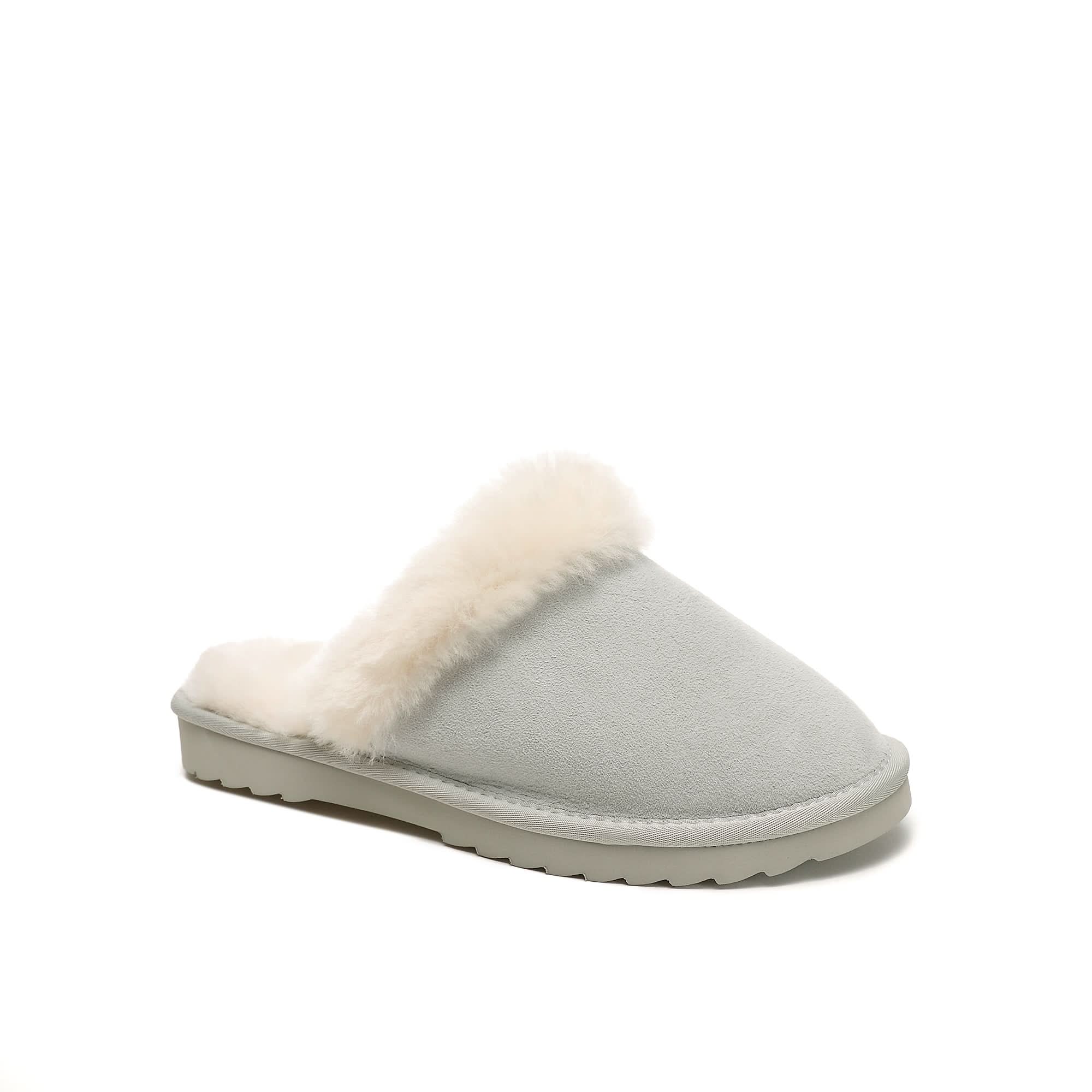 Cream sheepskin slipper with fluffy wool collar, side view on white background. - Yellow Earth Australia