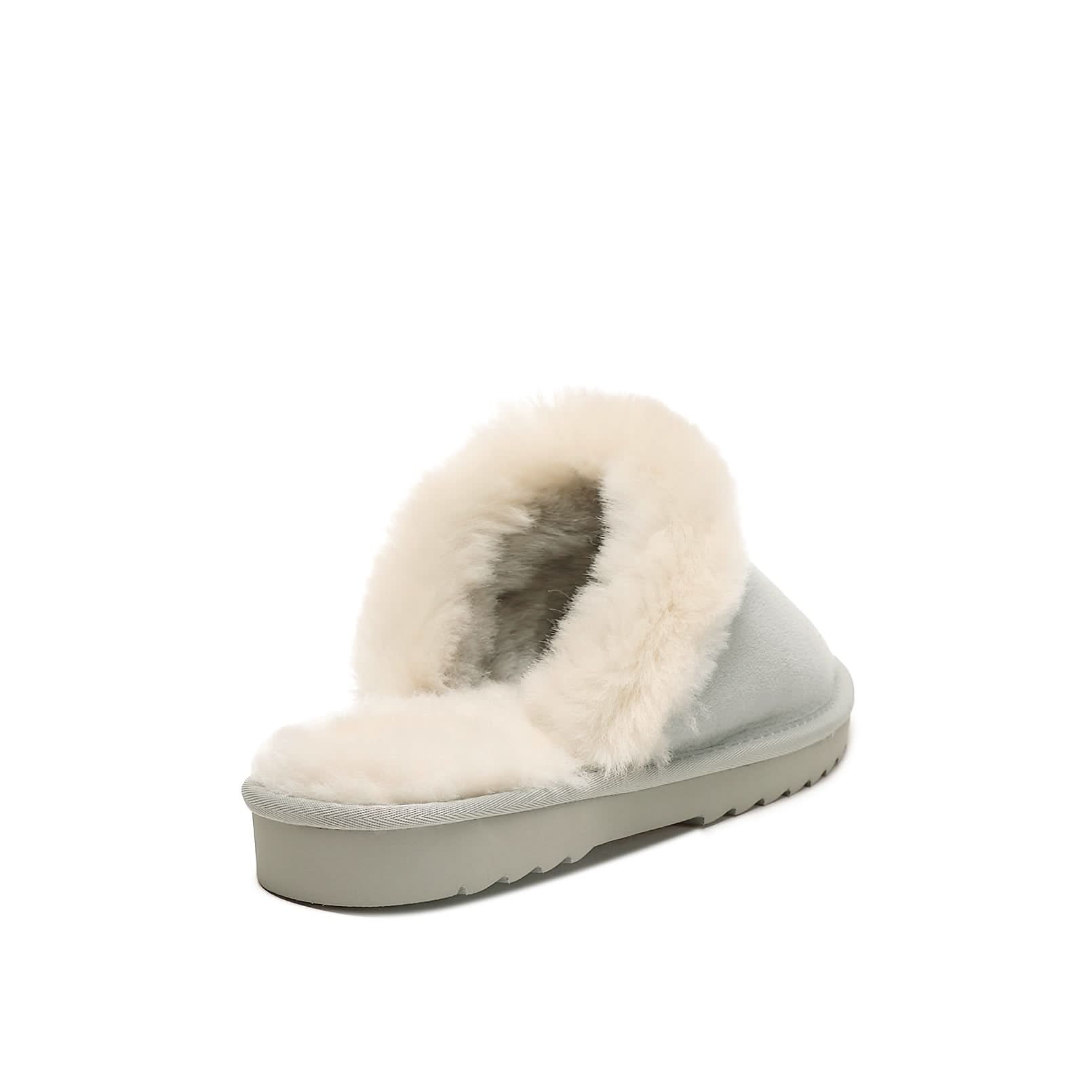 White fluffy sheepskin slipper boot with wool lining, rear three-quarter view. - Yellow Earth Australia