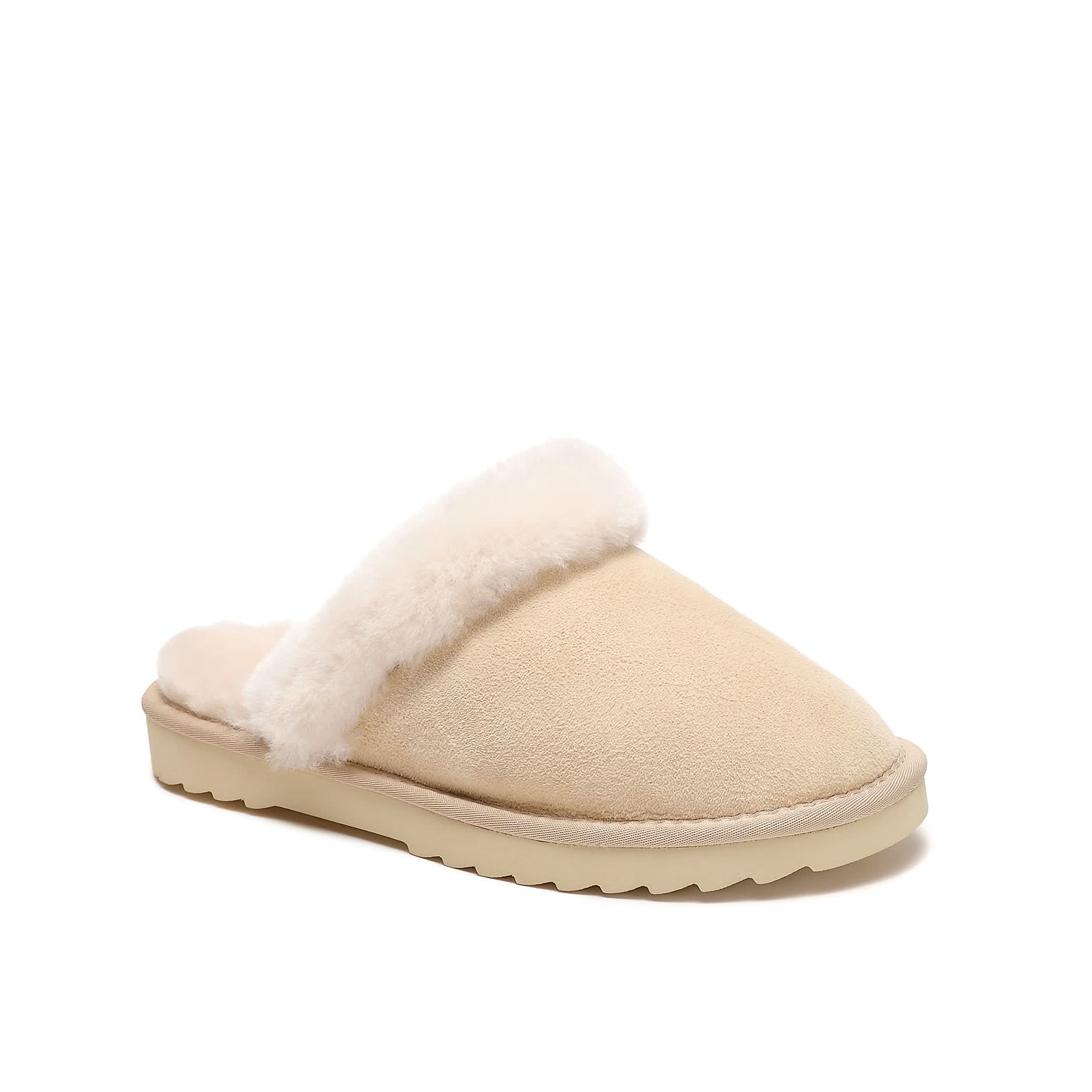 Beige sheepskin slipper with white fur collar, side view on white background. - Yellow Earth Australia