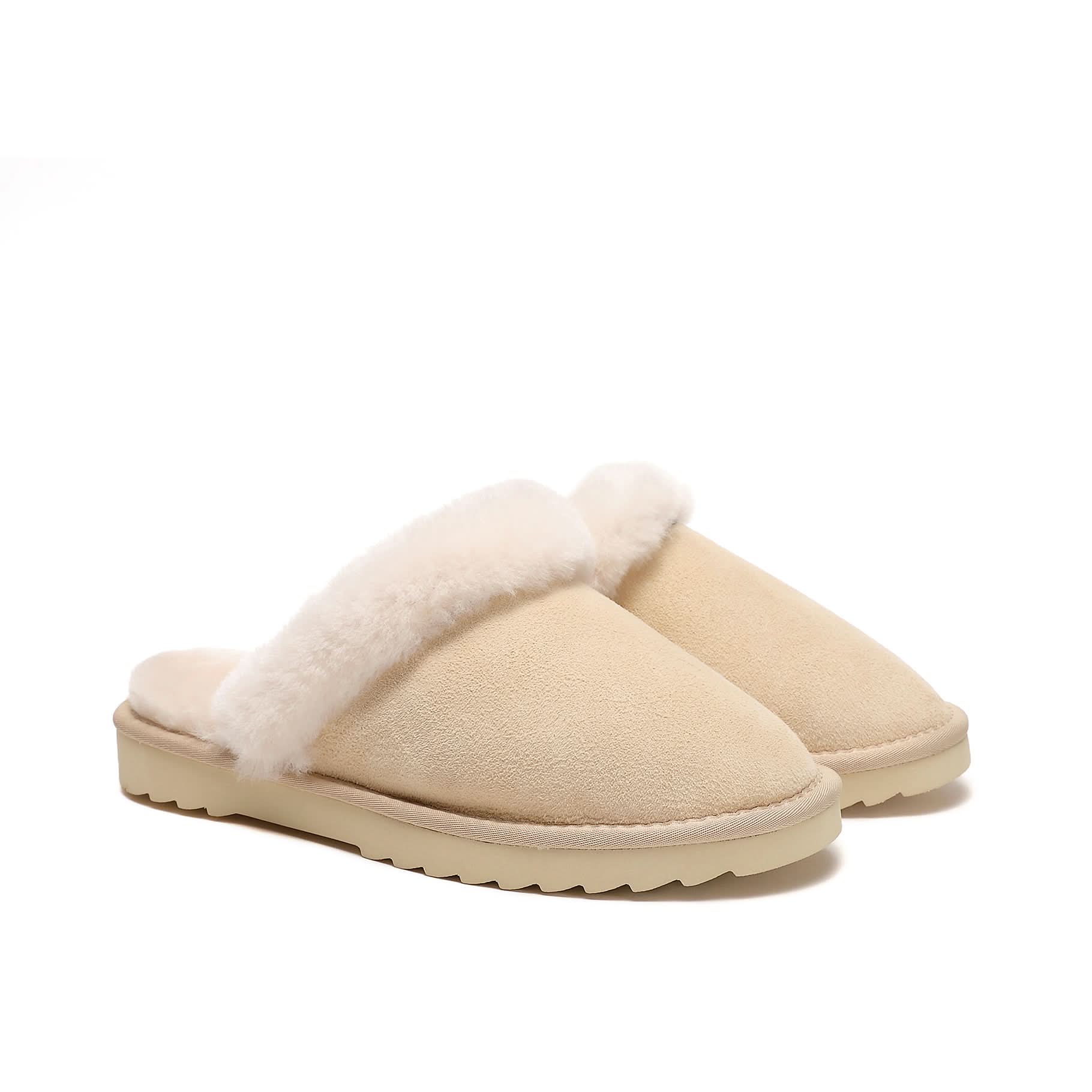 Cream sheepskin slippers with fluffy wool lining, side view on white background. - Yellow Earth Australia