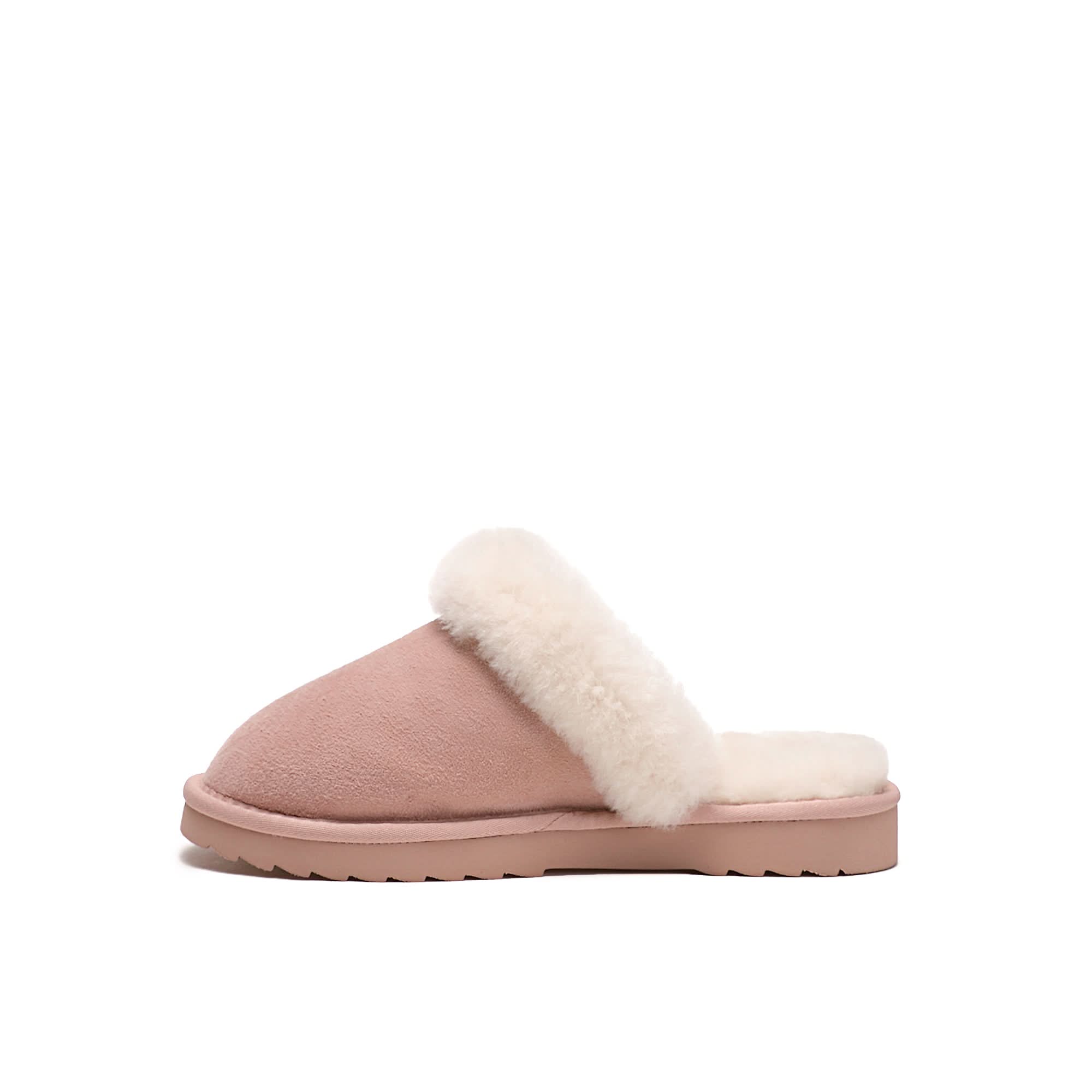 Pink sheepskin slipper with white wool cuff, side view on white background. - Yellow Earth Australia