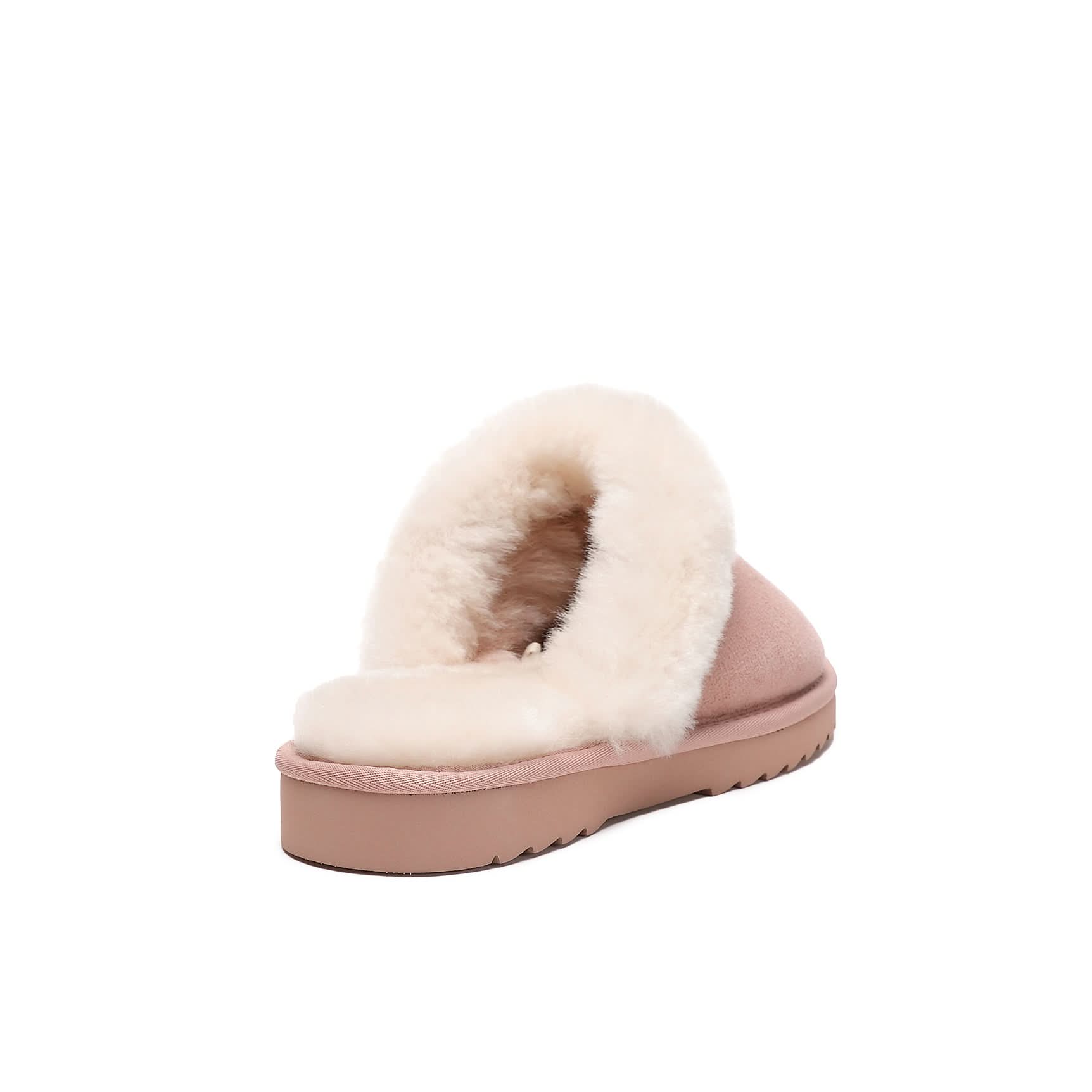 Pink sheepskin slipper with fluffy wool lining, side view. - Yellow Earth Australia
