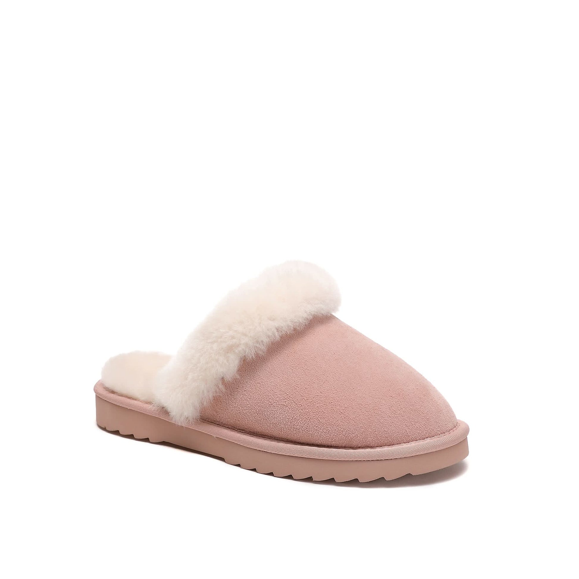 Pink sheepskin slipper with white wool collar, side view on white background. - Yellow Earth Australia