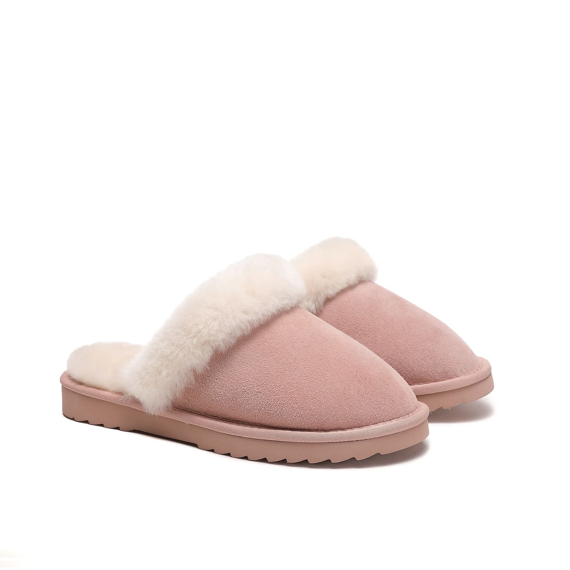 Pink sheepskin slippers with cream wool collar, angled side view. - Yellow Earth Australia