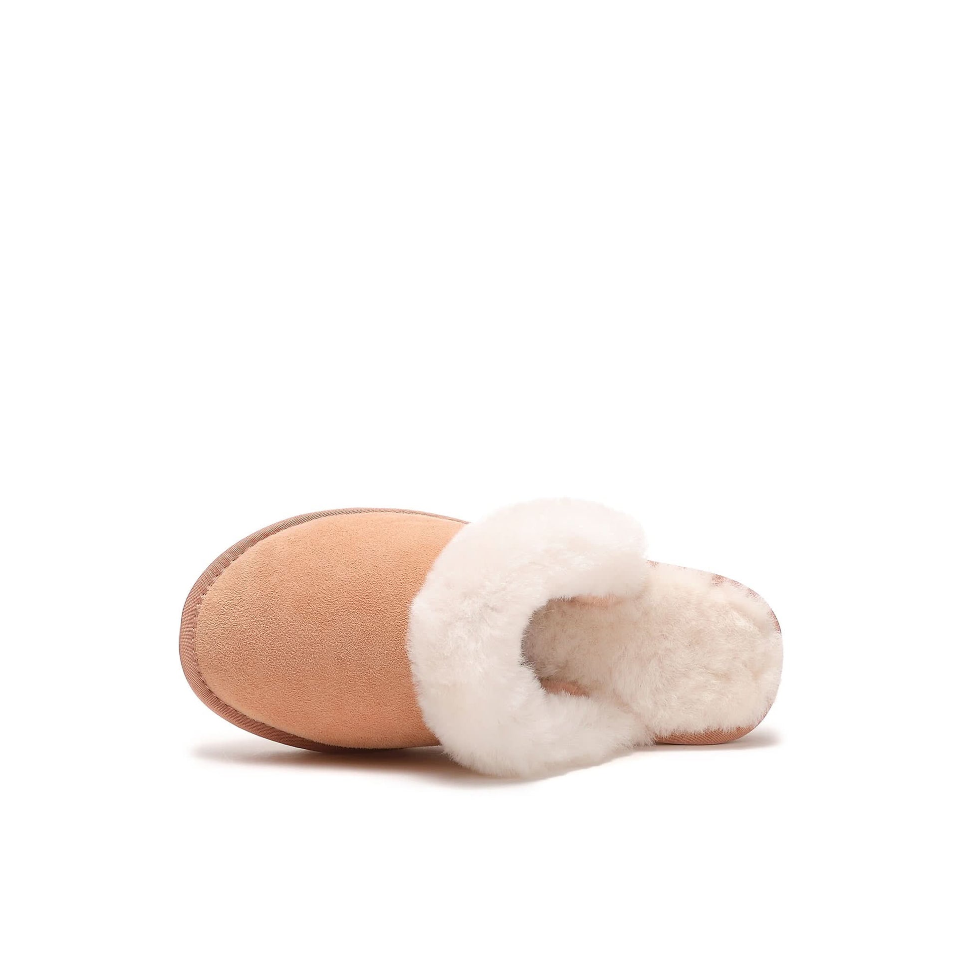 Women's papaya sheepskin scuff slipper with soft suede upper and plush wool lining