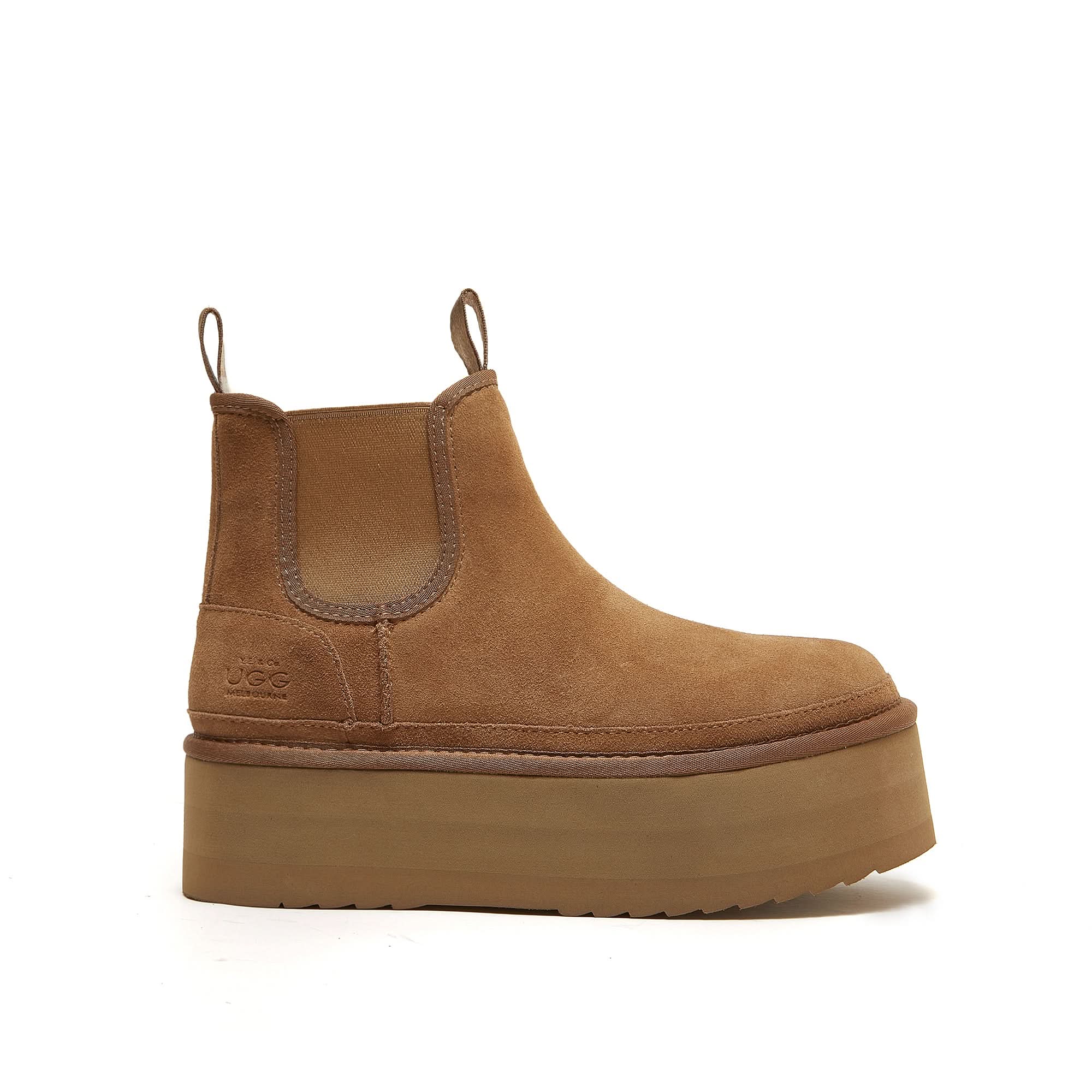 Chestnut suede platform Chelsea boot with chunky sole, side view. - Yellow Earth Australia