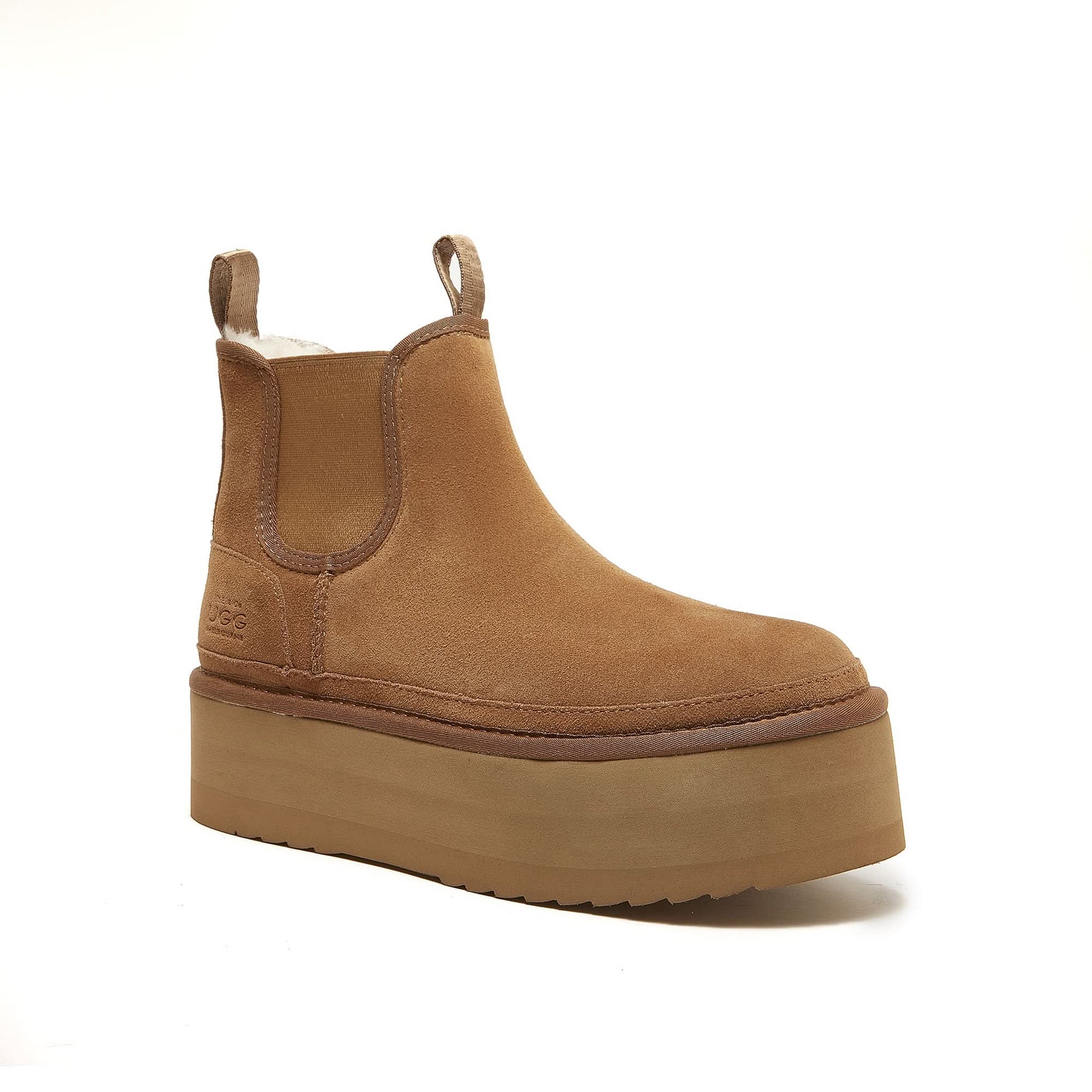Tan suede Chelsea boot with chunky platform sole and sherpa lining, side view. - Yellow Earth Australia