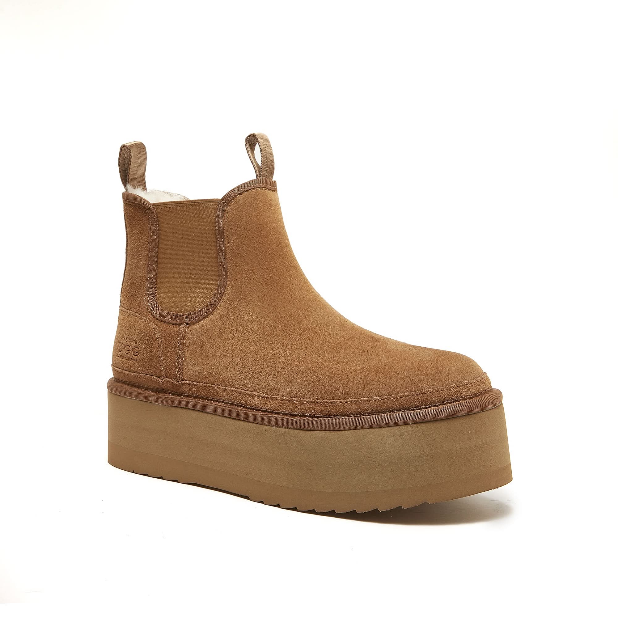 Tan suede Chelsea boot with chunky platform sole and sherpa lining, side view. - Yellow Earth Australia