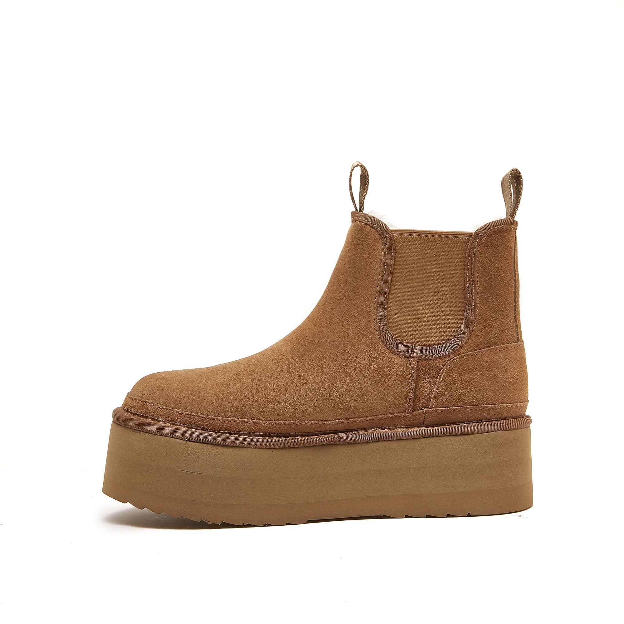 Tan suede Chelsea platform boot with chunky sole, side view. - Yellow Earth Australia