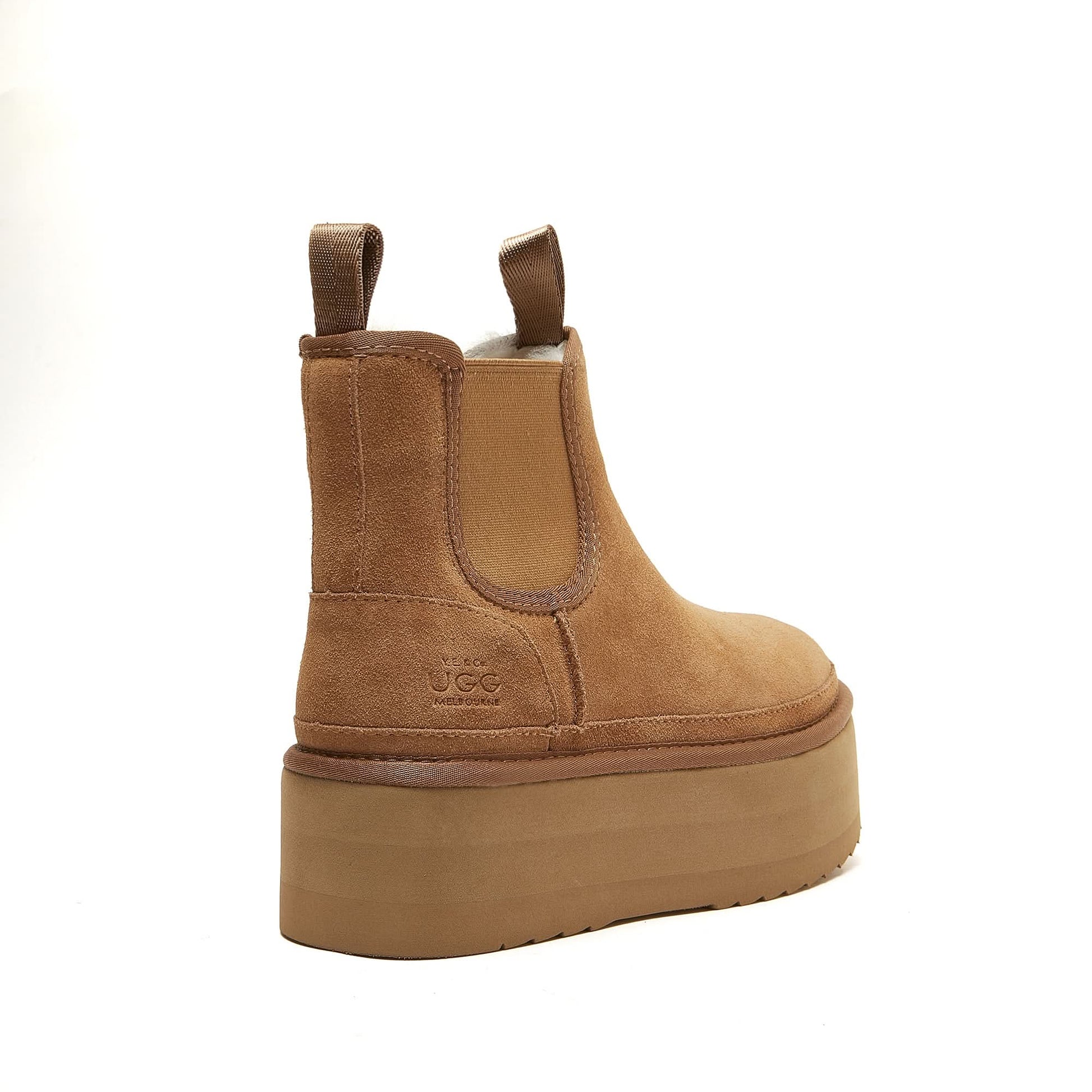 Caramel suede platform chelsea boot with thick crepe sole, rear angle view. - Yellow Earth Australia