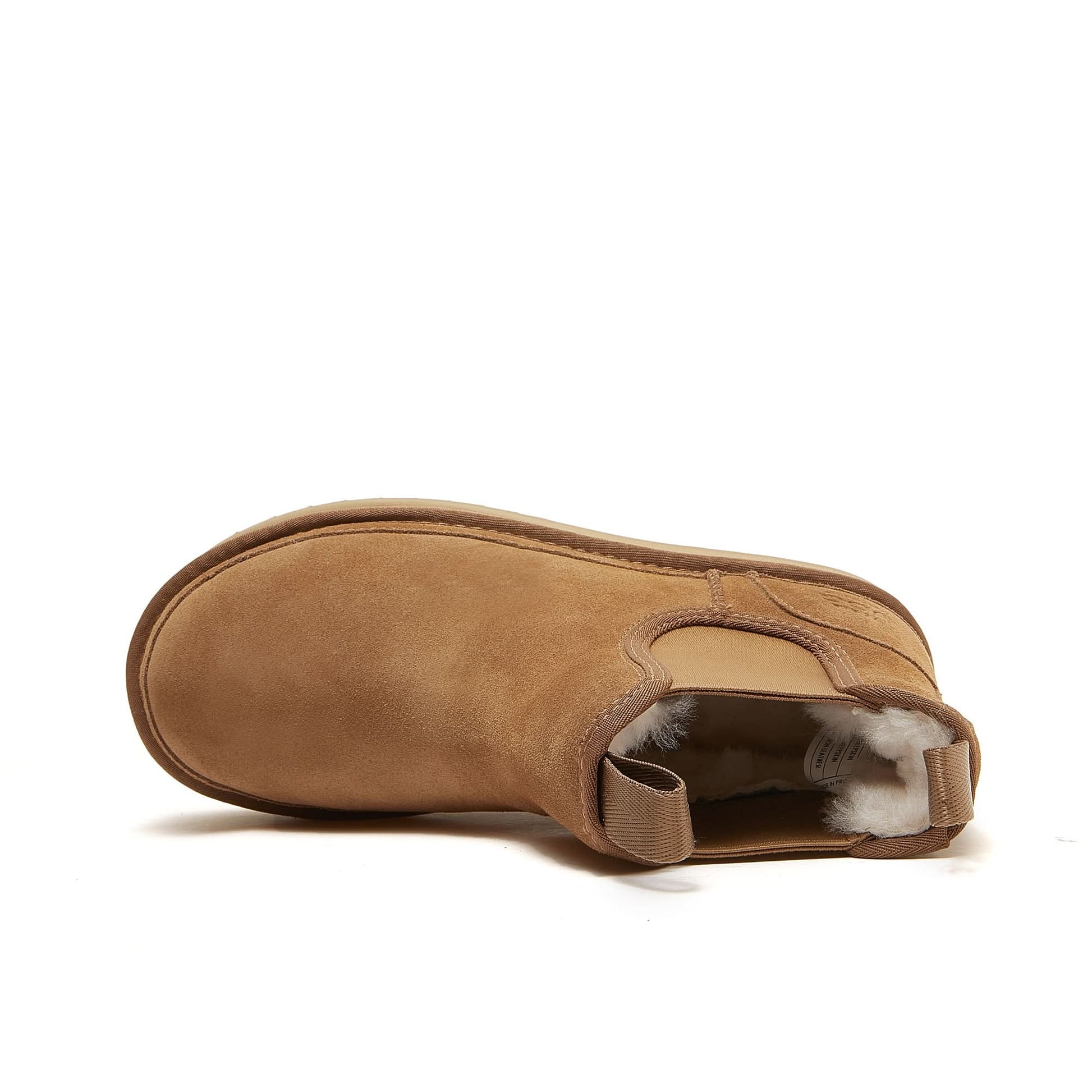 Chestnut suede sheepskin ankle boot with wool lining, side view. - Yellow Earth Australia