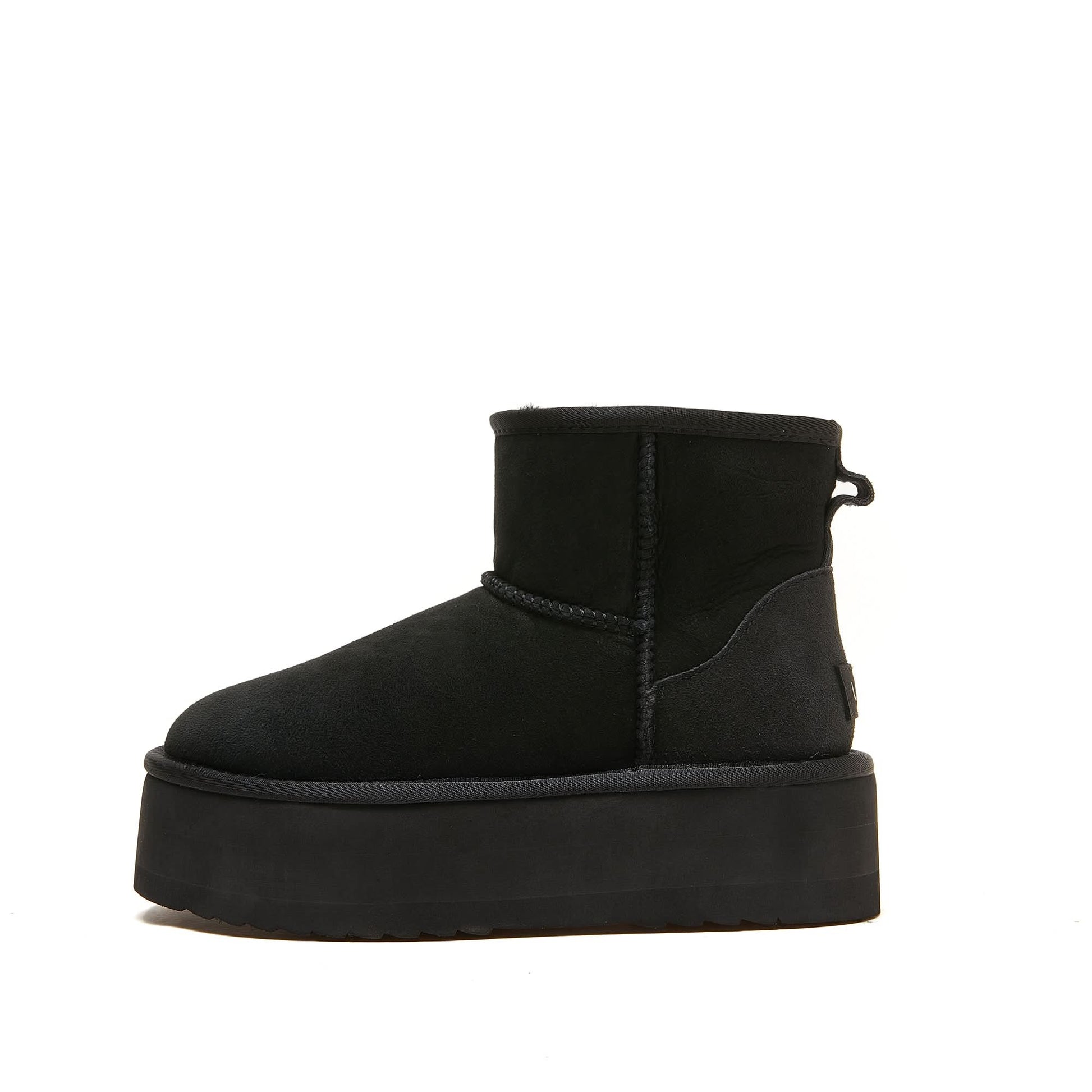 Black suede platform ankle boot with sheepskin lining, side view. - Yellow Earth Australia