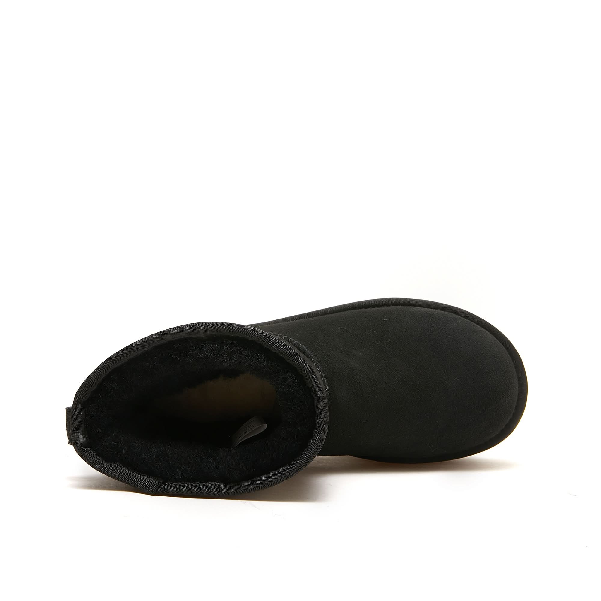 Black suede sheepskin boots with fluffy wool lining, top-down view. - Yellow Earth Australia