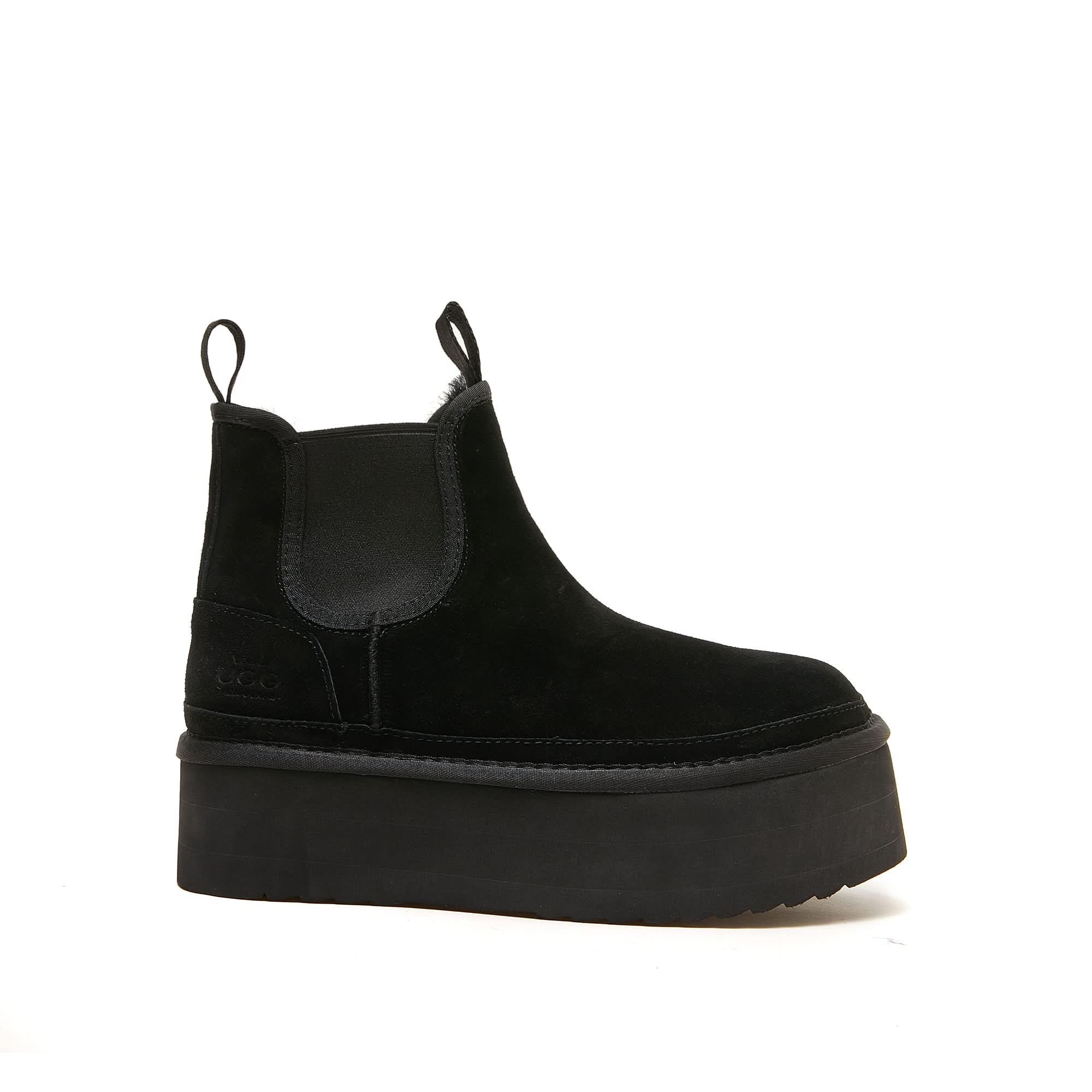 Black suede Chelsea boot with chunky platform sole, side view. - Yellow Earth Australia