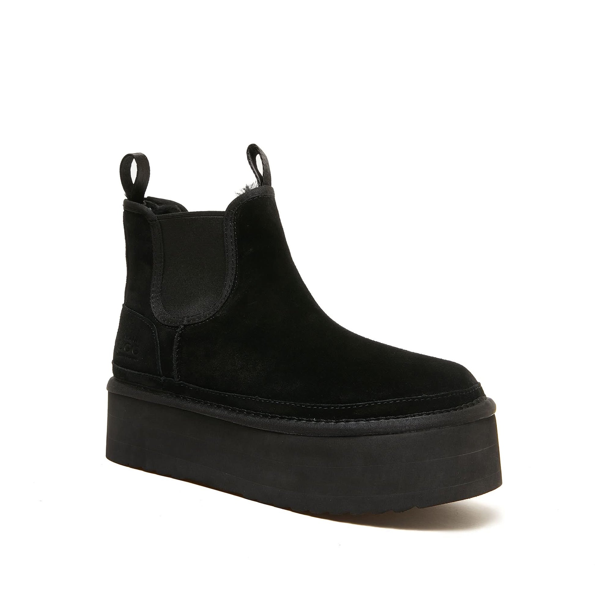 Black suede Chelsea boot with platform sole, side view. - Yellow Earth Australia