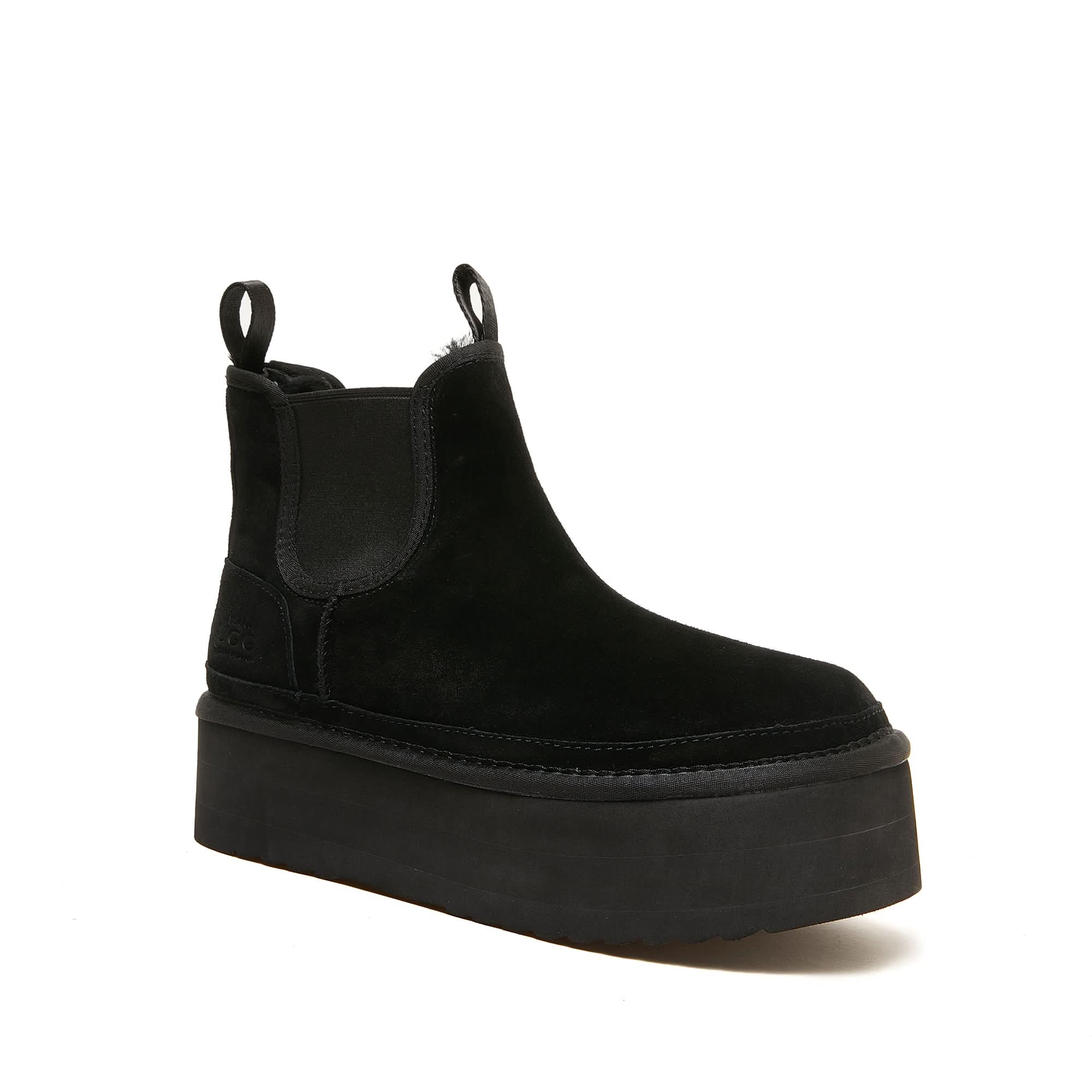 Black suede Chelsea boot with platform sole, side view. - Yellow Earth Australia