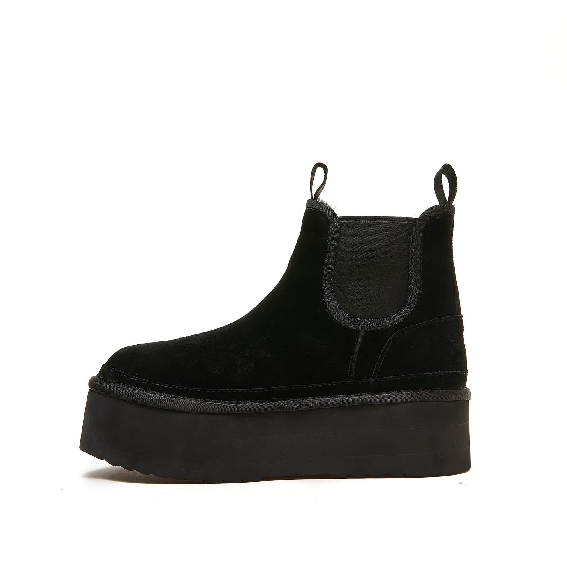 Black suede Chelsea boot with chunky platform sole, side view. - Yellow Earth Australia